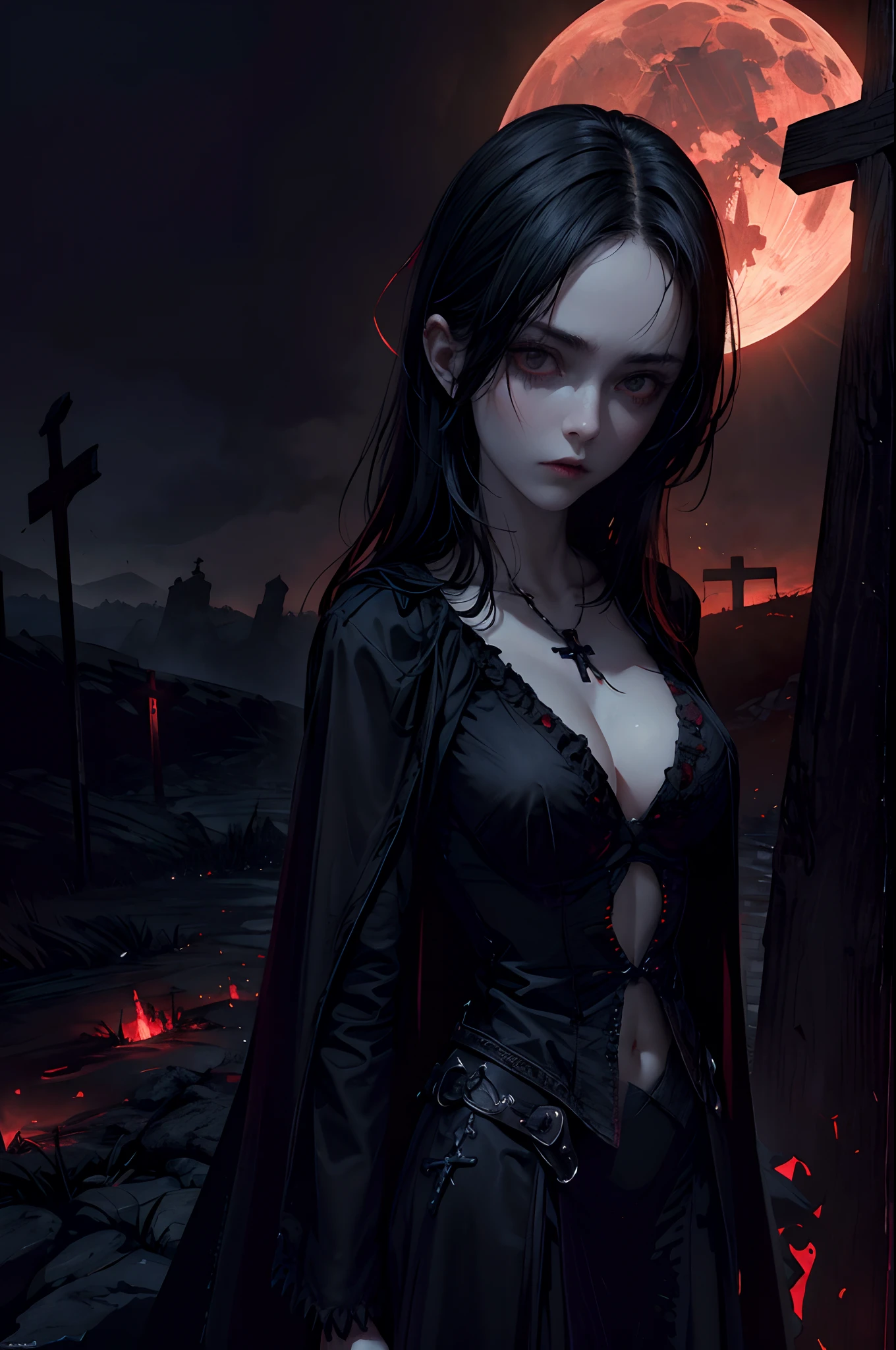 best quality, 4k, highres, masterpiece:1.2, ultra-detailed, realistic:1.37, moody lighting, Wooden cross, where a girl is crucified,blackened sky, red moonlight, eerie atmosphere, gothic style, haunting beauty, dramatic shadows, ethereal glow, mystical ambiance.
