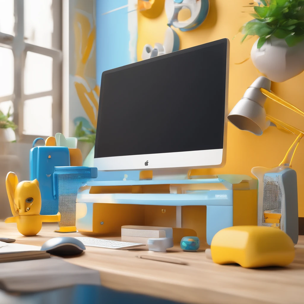 a working desk with pc, designer tools, and some toys, the screen on the PC displays mobile apps, make the style more futuristic but keeping it simple, clay render, white and blue and yellow