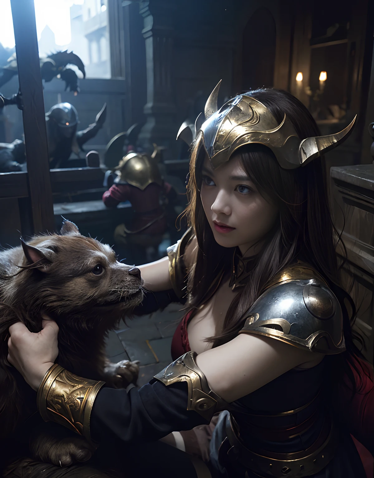(One Knight Girl)、top-quality、masterpiece、超A high resolution、(Photorealsitic:1.4)、Raw photo、1人、(Wear the Dark Knight's Armor)、glowy skin、(((Dark Fantasy)))、With a beautiful sword and shield、(Gorgeous Gold Metal Bodysuit)、(Fight goblins、ogre、Fierce battle with orcs),()、Fight fiercely、(Background of decaying dungeon ruins)、(Ultimate Beauty)、(Detailed knight's helmet)、(Fighting Demonic Beasts)、(Small LED)、((super realistic details))、portlate、(Strong giant demon beast background),globalillumination、Shadow、octan render、8K、ultrasharp、Colossal tits、Raw skin is exposed in cleavage、metals、Details of complex ornaments、Japan details、highly intricate detail、Realistic light、(Mystical expression),CGSoation Trends、Red Eyes、radiant eyes、Facing the camera)、Gundam、Small LED、Toostock、()、(Attack of the Monster Beasts)、(Wounded in a deadly battle)、