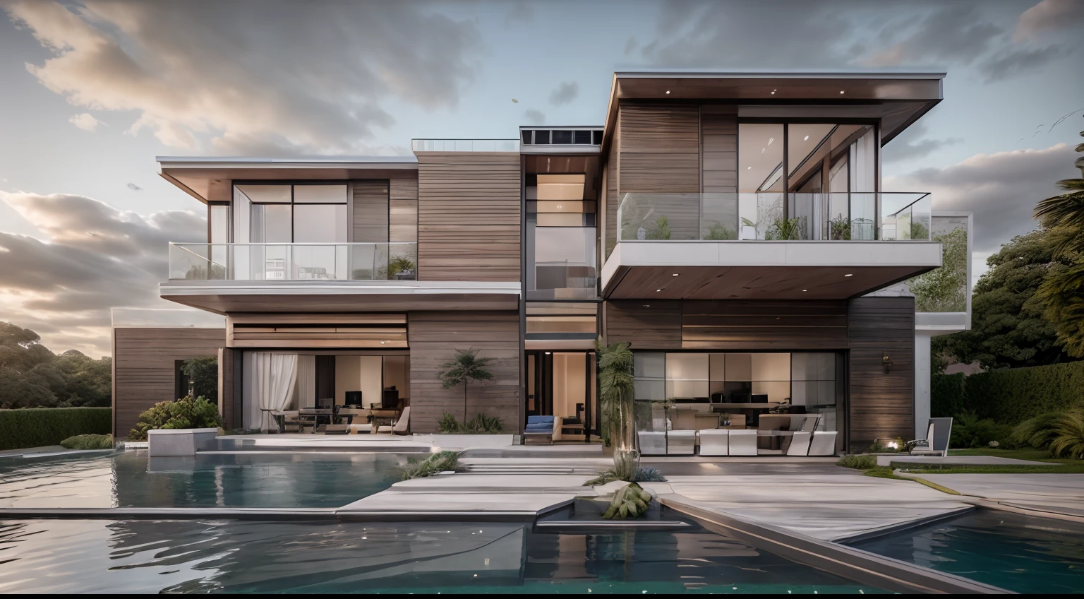 the exterior of the house; garden landscape, a pool with clear water, daytime, realistic, wide angle, (( render vray )), cloudy sky, sunset, European plants, render, spring light, detailed, modern style, clear image, glasses, high reflection, RAW photo, (high detailed skin:1.2), 8k UHD, DSLR, soft lighting, high quality, film grain, Fujifilm XT3