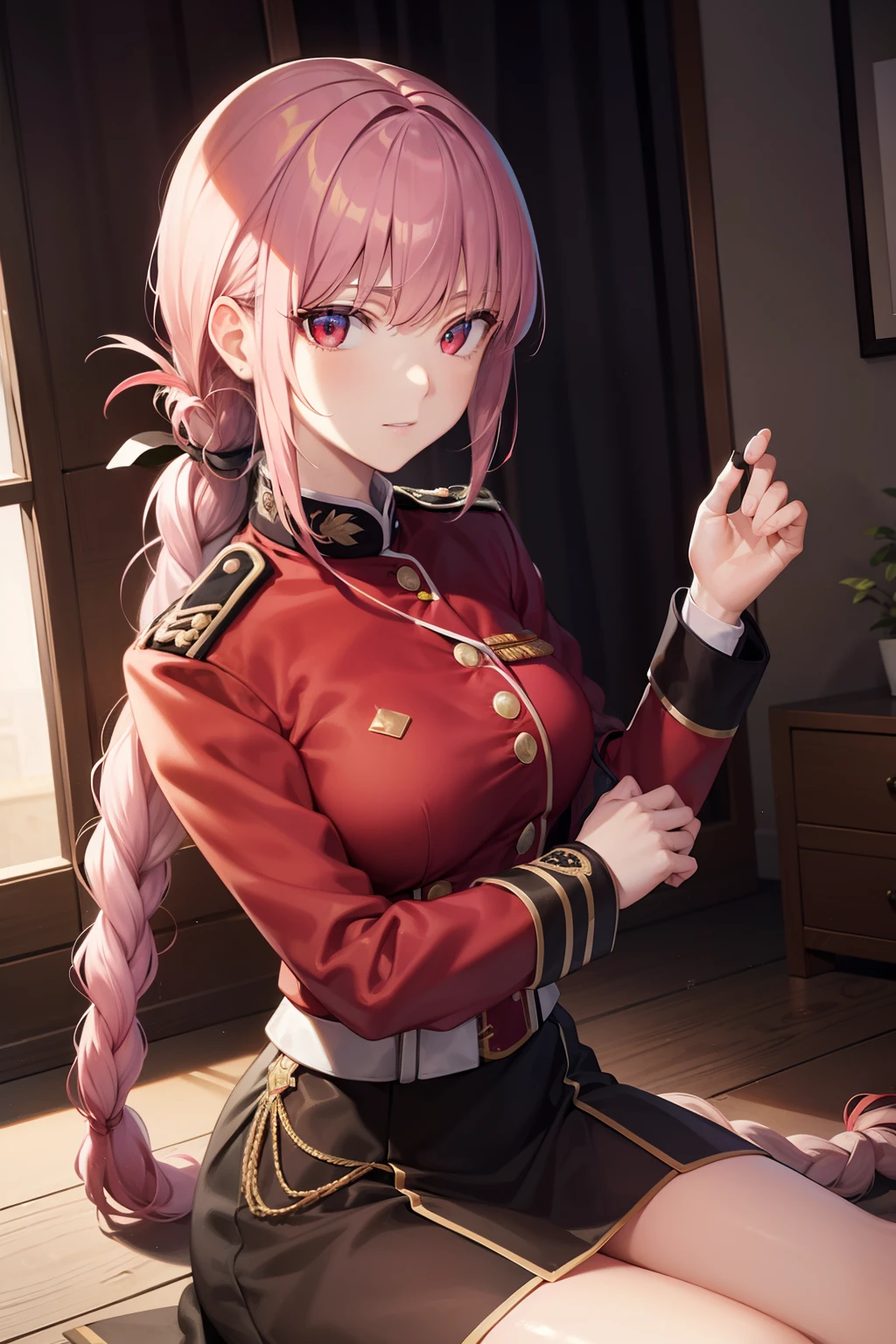 Florence Nightingale, Florence Nightingale, Pink hair, Long hair, (Red Eyes:1.5), Hair braid, side locks, folded ponytail, Single braid, braid, braided ponytails,Break Military, Military uniform, uniform, (Red uniform:1.5),BREAK looking at viewer,Break indoors,BREAK (masutepiece:1.2), Best Quality, High resolution, Unity 8k壁纸, (Illustration:0.8), (Beautiful detailed eyes:1.6), extra detailed face, Perfect Lighting, extremely details CG, (Perfect hands, Perfect Anatomy),