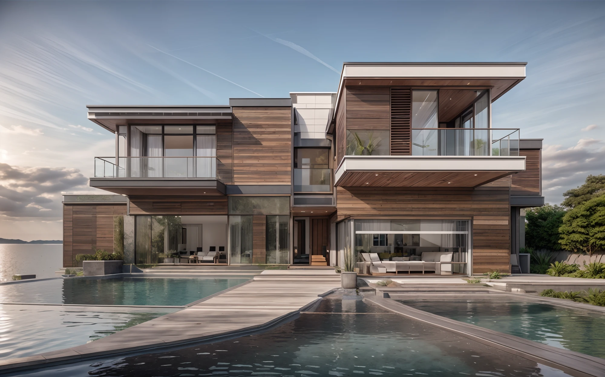 the exterior of the house; garden landscape, a pool with clear water, daytime, realistic, wide angle, (( render vray )), cloudy sky, sunset, European plants, render, spring light, detailed, modern style, clear image, glasses, high reflection, RAW photo, (high detailed skin:1.2), 8k UHD, DSLR, soft lighting, high quality, film grain, Fujifilm XT3