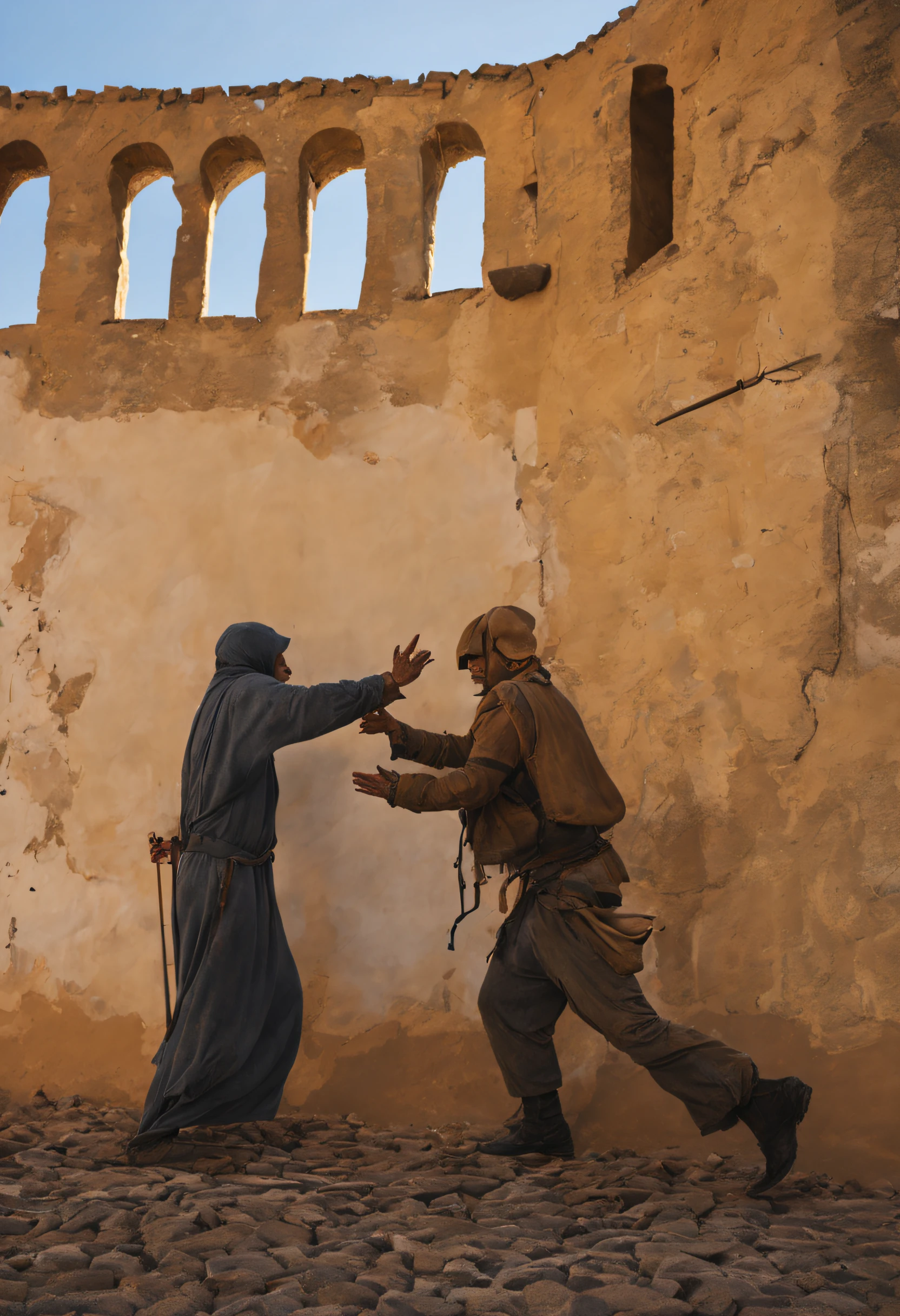 Dentro das muralhas do castelo, dois homens em uma cena de confronto e luta. Um homem com raiva de frente para o outro. One of them has his hands clinging to the other's neck, expression of anger, enquanto o segundo homem, with an expression of fear, tenta desesperadamente se soltar. Ambos vestidos com roupas de empregados de um castelo, cena de filme, real, uhd.