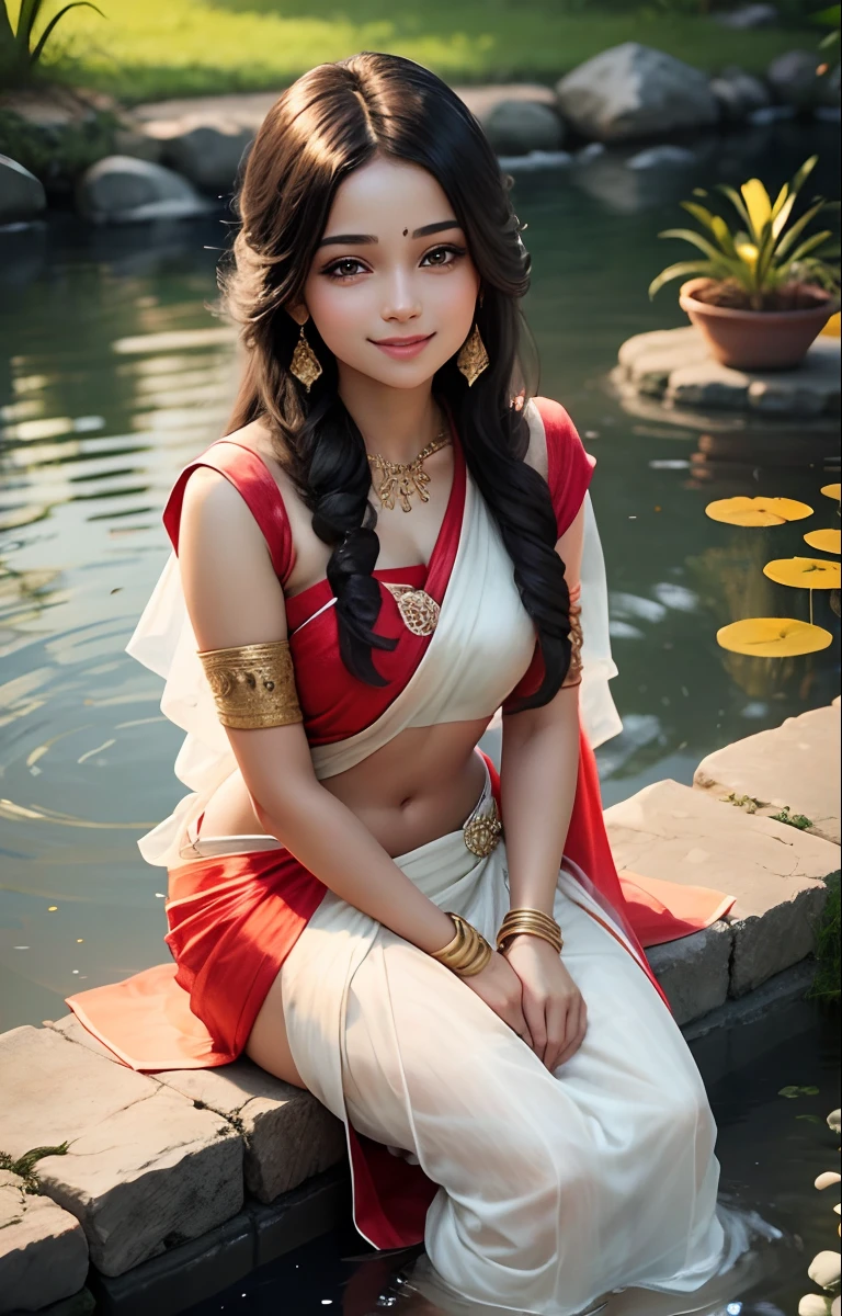 A beautiful young girl,smiling, wear a full saree,white colour-red colour mix,sit near a pond with pot,slight red colour, ,best quality, 8k,hd,,