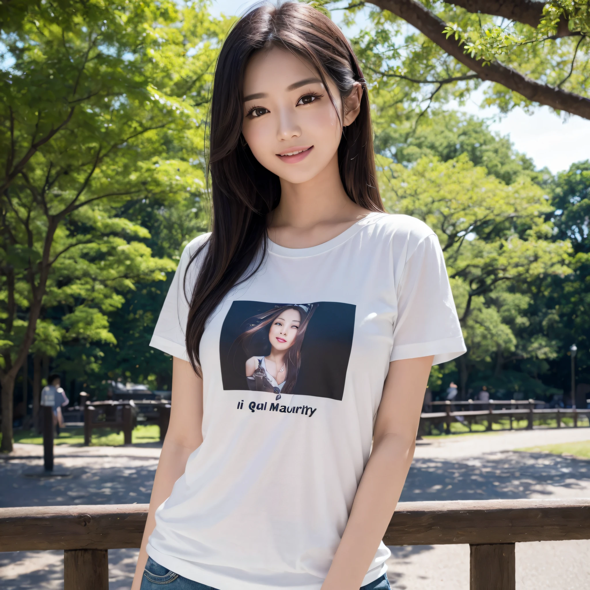 One beauty、((best qualtiy、8k masterpieces:1.3))、foco nítido:1.2、(ultra beautiful faces:1.0)、(shinny skin:1.0)、photos realistic、A dark-haired、Video Lighting、High-definition eyes and face、Video Lighting、25-year-old Japan actress、from the front side、medium breasts、Smile、Slender Abs Beauty、Whole body、Kanji for Japan「tenderness」Wearing a T-shirt、In the park in the morning