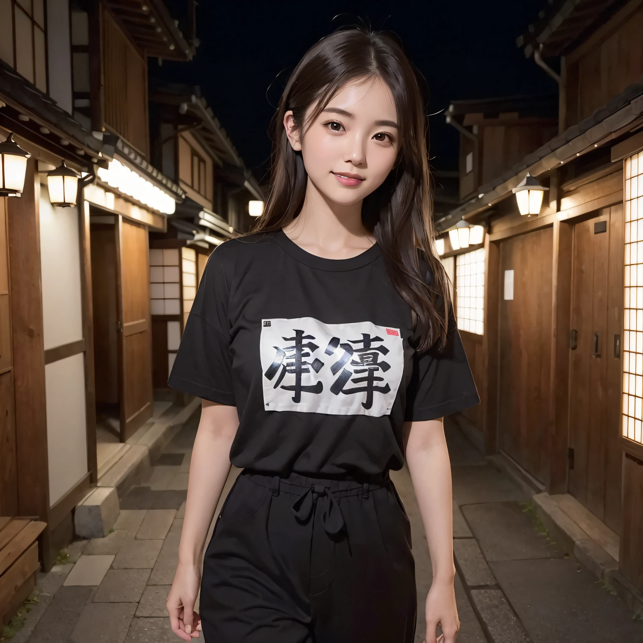 One beauty、((best qualtiy、8k masterpieces:1.3))、foco nítido:1.2、(ultra beautiful faces:1.0)、(shinny skin:1.0)、photos realistic、A dark-haired、Video Lighting、High-definition eyes and face、Video Lighting、25-year-old Japan actress、from the front side、medium breasts、Smile、Slender Abs Beauty、Whole body、Wearing a T-shirt with Japan kanji written on it、In Kyoto at night