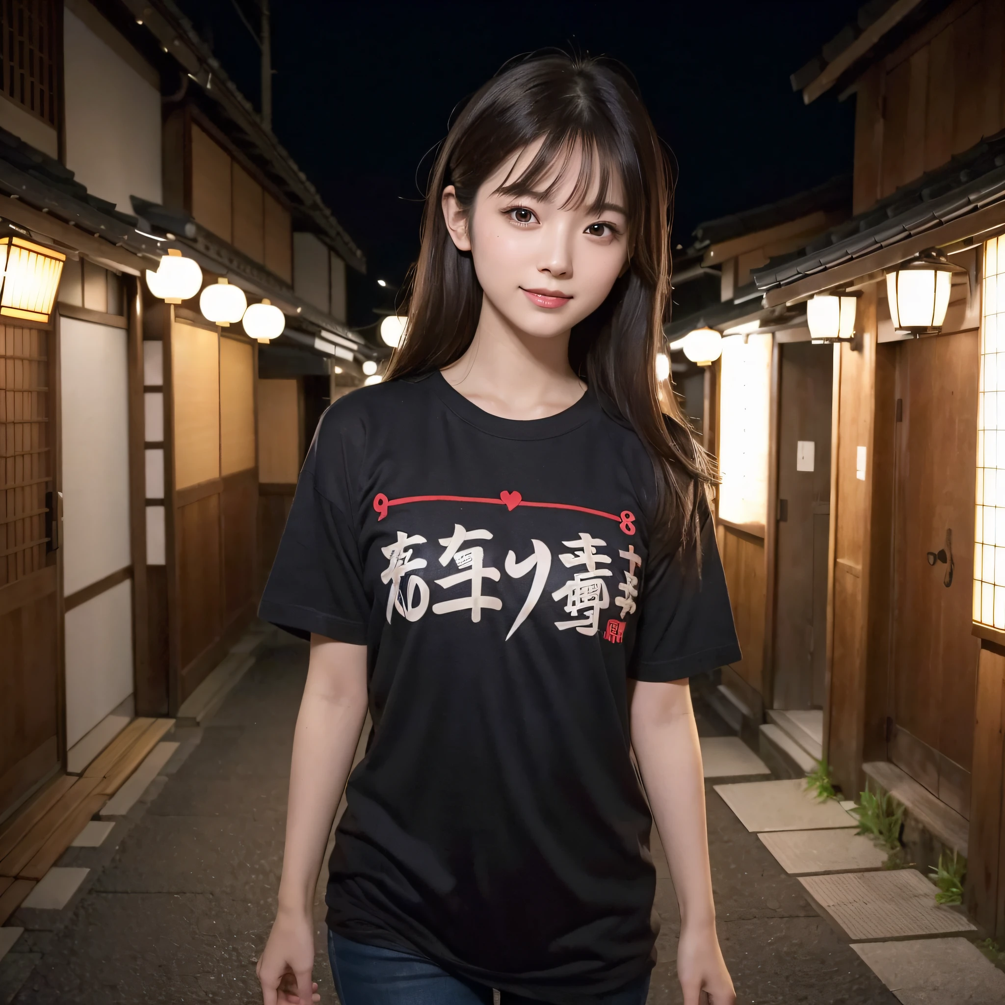 One beauty、((best qualtiy、8k masterpieces:1.3))、foco nítido:1.2、(ultra beautiful faces:1.0)、(shinny skin:1.0)、photos realistic、A dark-haired、Video Lighting、High-definition eyes and face、Video Lighting、25-year-old Japan actress、from the front side、medium breasts、Smile、Slender Abs Beauty、Whole body、Wearing a T-shirt with Japan kanji written on it、In Kyoto at night