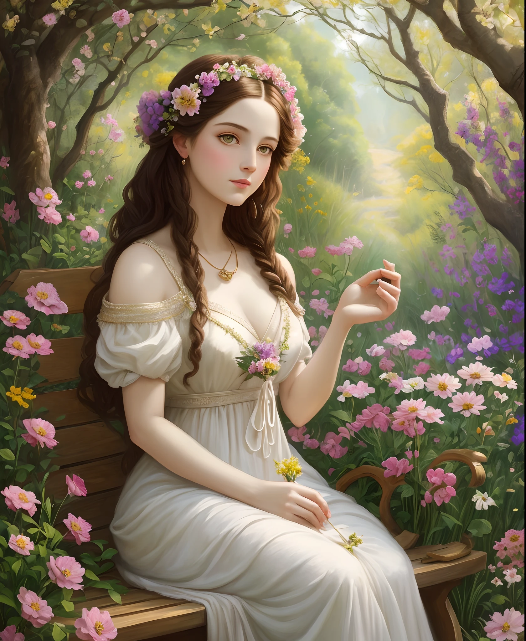 painting of a woman in a dress sitting on a bench in a garden, persephone in spring, goddess of spring, inspired by Cynthia Sheppard, inspired by Nene Thomas, fantasy genre portrait, romance novel cover, a goddess in a field of flowers, fantasy book cover painting, beautiful fantasy painting, flower goddess, goddess of nature, inspired by Arthur Hughes --auto --s2