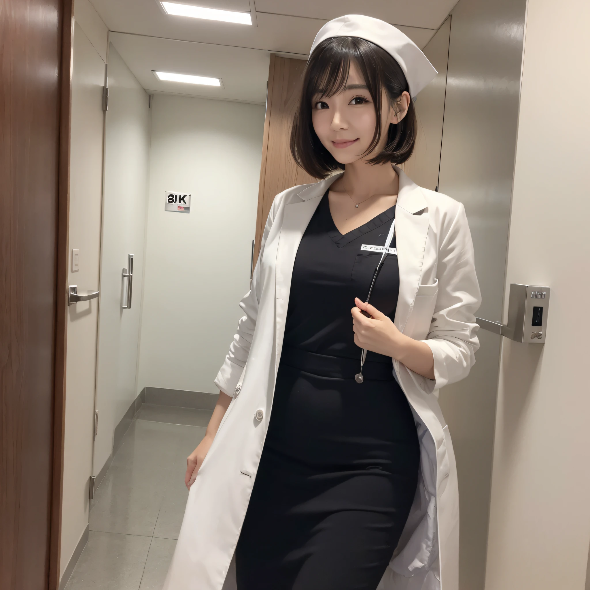 One Nurse Woman、((best qualtiy、8k masterpieces:1.3))、foco nítido:1.2、(ultra beautiful faces:1.0)、(shinny skin:1.0)、photos realistic、A dark-haired、Video Lighting、High-definition eyes and face、Video Lighting、Japan Idol Actress、from the front side、medium breasts、Smile、Slender Abs Beauty、Whole body、Wearing a white coat、at hospital