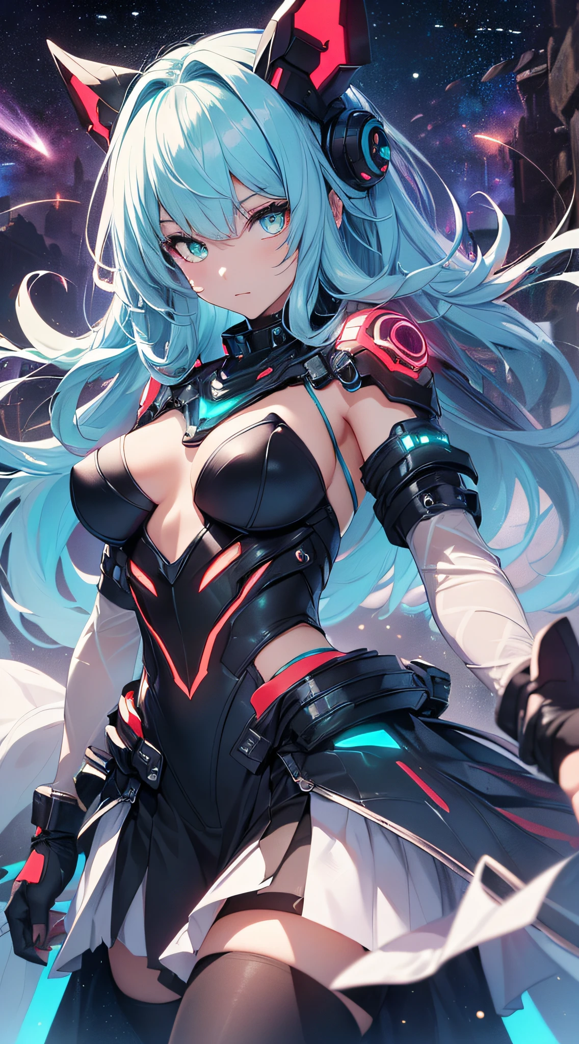 top-quality、Top image quality、masterpiece、Android Girl((, Cybersuit glowing black, red and white、Blue energy source for the chest,Best Bust、Bust 90、Light blue light blue hair、Longhaire,Cyber Skirt、Blue-green eyes、open chest wide、Valley、Happiness、A slender、Mysterious face、Drifting in the air,Particles of light、Sharp claw arm,battered body、mid air、Glowing eyes、Hold out your hands))hiquality、Beautiful Art、Background with((Fantastic universe、Beautiful Universe、Cosmix Pace))、masutepiece、Elaborate design、visualart、Theatrical films