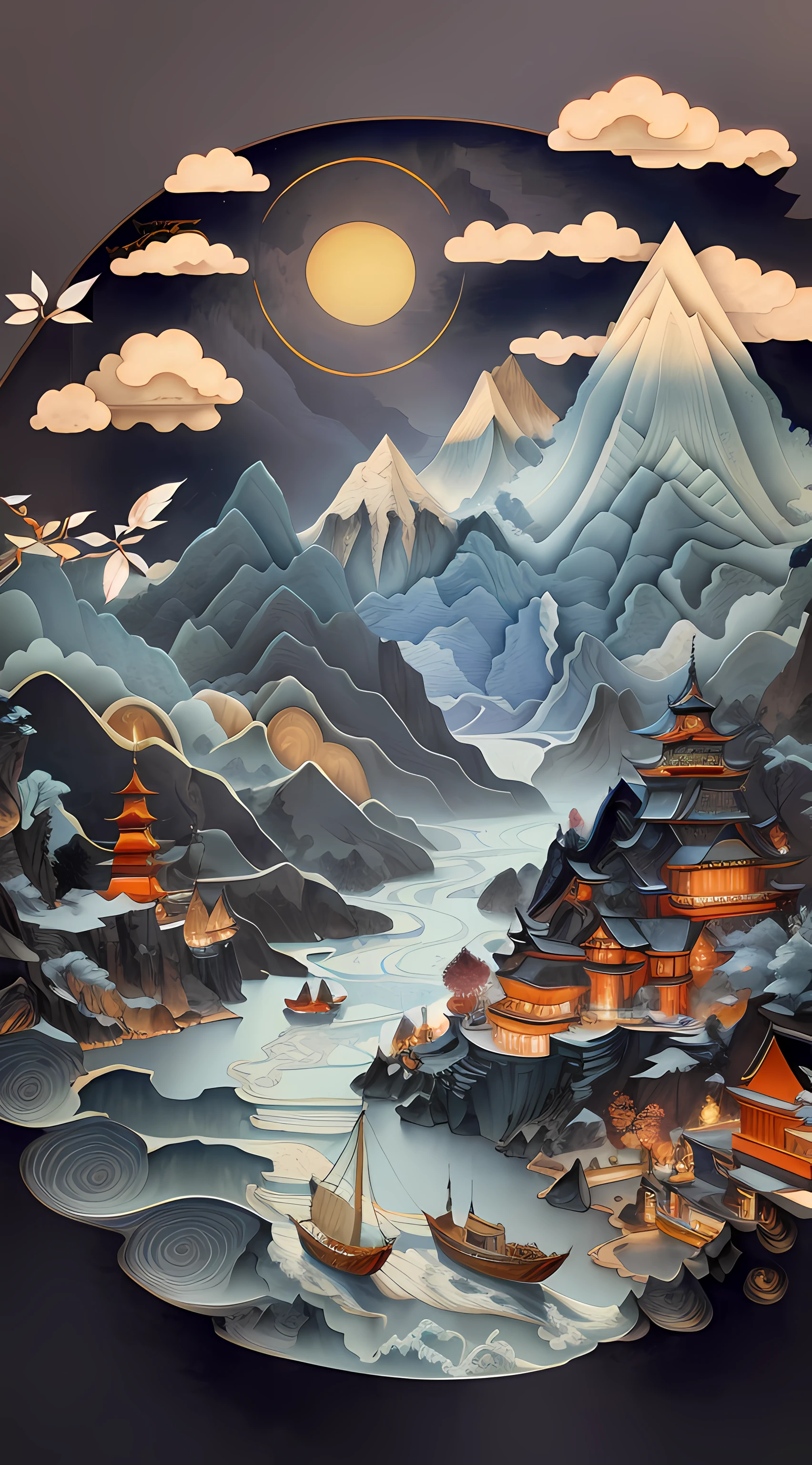 Close-up of paper cutouts of mountains and boats, intricate 3 d illustration, great digital art with details, layered paper art, scenery art detailed, intricate scenery, 4k highly detailed digital art, pop japonisme 3 d ultra detailed, detailed dreamscape, Highly detailed illustration, paper art, 4K detailed digital art, very coherent stylized artwork