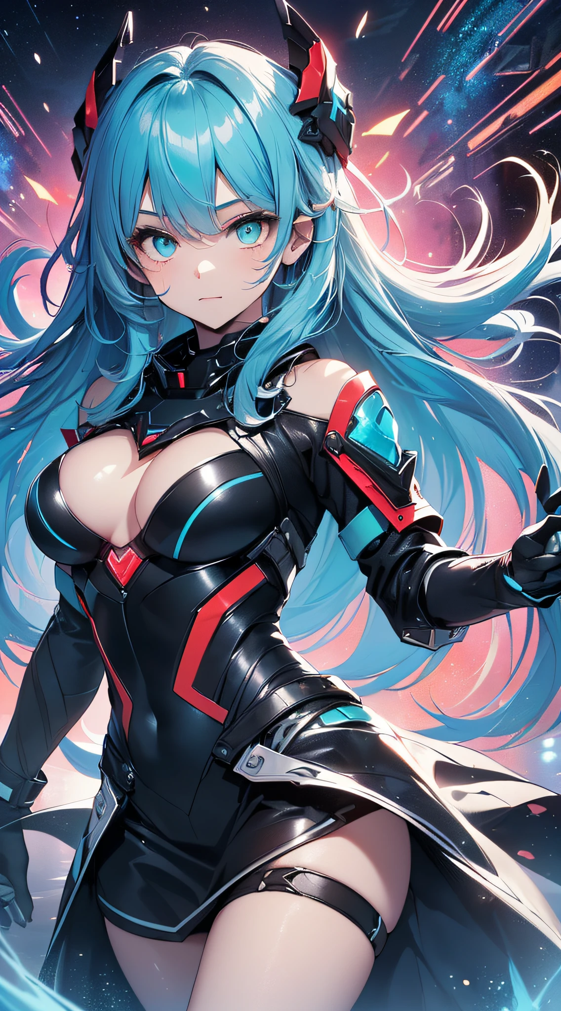 top-quality、Top image quality、masterpiece、Android Girl((sixteen years old, Cybersuit glowing black, red and white、Blue energy source for the chest,Best Bust、Bust 90、Light blue light blue hair、Longhaire,Cyber Skirt、Blue-green eyes、open chest wide、Valley、Happiness、A slender、Mysterious face、Drifting in the air,Particles of light、Sharp claw arm,battered body、mid air、Glowing eyes、Hold out your hands))hiquality、Beautiful Art、Background with((Fantastic universe、Beautiful Universe、Cosmix Pace))、masutepiece、Elaborate design、visualart、Theatrical films
