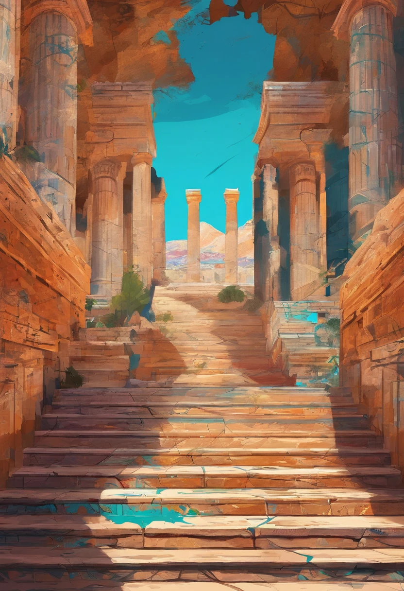 Ancient Greece，templo ，atenas , An Elder Sitting on the Stairs—Width 672, arte de paisagem, environment design illustration, scenery art detailed, vista para o mar, Conceito-Arte, Arte digital altamente detalhada em 4k, Pintura digital 4K, Pintura digital 4k, stunning digital illustration, fundo do deserto, arte conceitual de pintura digital, pintura digital detalhada