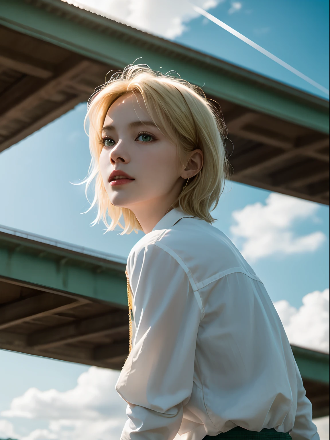 Blonde woman ,Short hair,Standing on the roof of a high-rise building