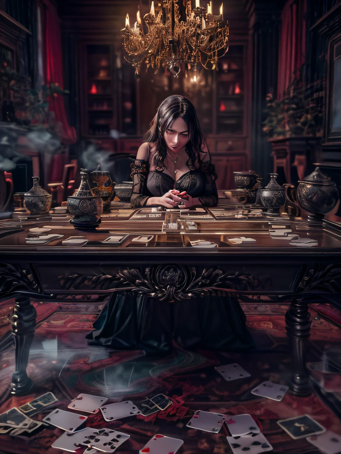 (masterpiece, High resolution:1.Photo of a woman in a dark and mysterious environment:1.2), (Sony Alpha 1 camera, Known for capturing exceptional detail and low-light performance:1.2), (For use with Sony FE 24-70mm f/2.8 lenses for versatility、sharp composition:1.2), (A woman surrounded by an aura of mystery and intrigue:1.1), (Her dark clothes and mysterious expression add to the atmosphere:1.1), (Sony Alpha 1 camera capturing the intricate textures and subtle shades in the low-light setting:1.2), (table full of tarot cards, unfold in mysterious form:1.1), (candle flickering, Cast dancing shadows around the room:1.1), (Dim lighting adds to the mysterious and mystical atmosphere:1.1), (Woman&#39;s eyes focused on card, As if seeking answers from the unknown:1.1), (Crystal balls nearby, Add to mystery settings:1.1), (The room is decorated with symbols of astrology and esoteric knowledge:1.1), (There is a hint of incense in the air, Increase sensory experience:1.1), (Photos capture this woman&#39;s connection to the spirit world and her mystical aura:1.1), (A moment frozen in time, Capturing the intense and introspective atmosphere of divination:1.1), (Images that invite viewers into a world of magic and spiritual insight, Make them feel curious and intrigued:1.1), cinematic, Super detailed, Crazy details, Beautiful color grading, Unreal Engine, degrees of , super resolution, megapixel, cinematic Lightning, Anti-aliasing, OK, Thailand, RTX, SSAO, post processing, Post-production, Tone mapping, Computer Graphics, 视觉special effects, special effects, Extremely detailed and complex, ultra minimalist, Surreal, Volumetric, lifelike, Super realism, Super detailed, intricate details, 8K, super detailed, full color, Volumetric lightning, high dynamic range, actual, Unreal Engine, 16K, sharp focus, octane rendering,facing forward
