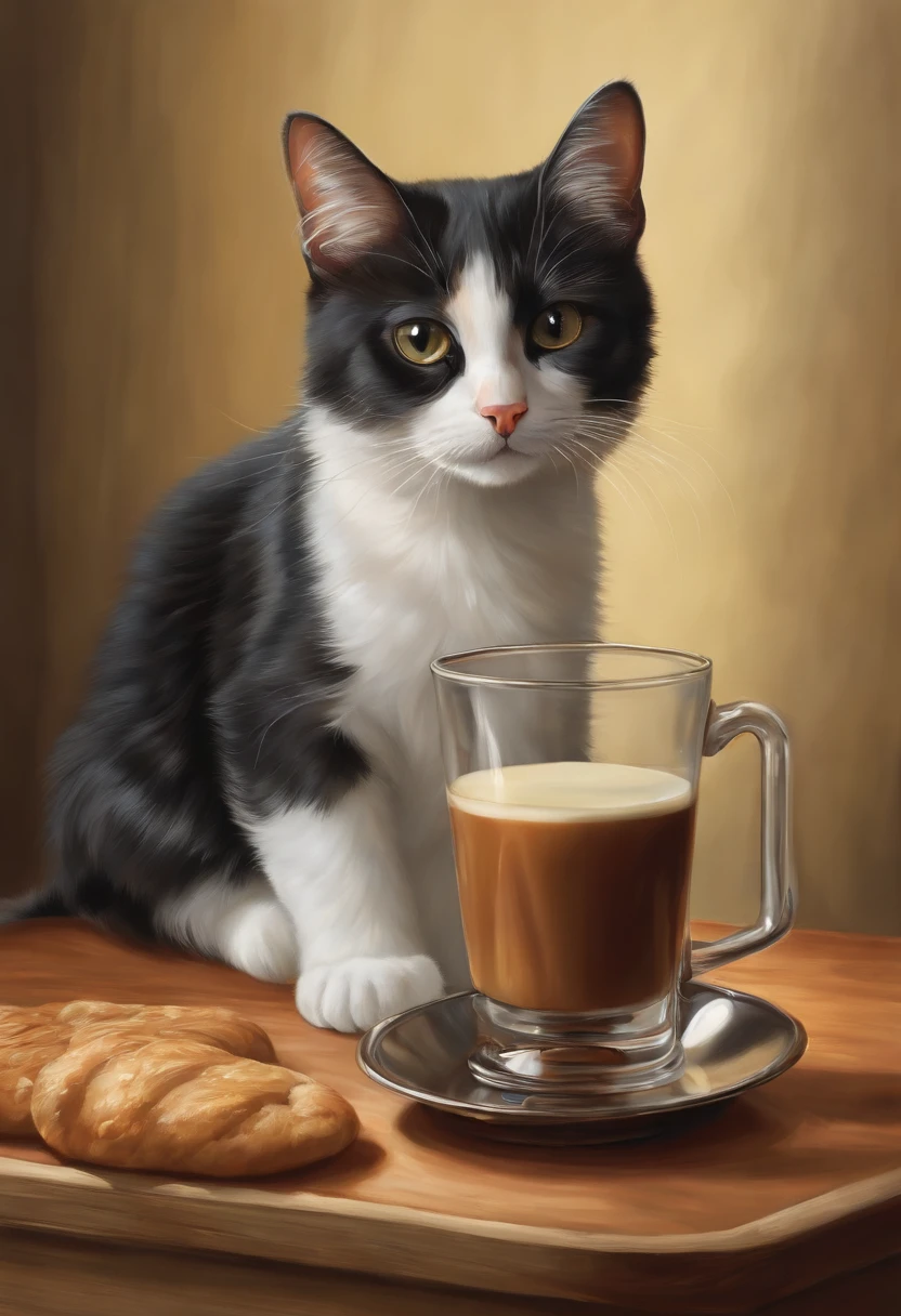 There was a cat sitting next to a glass of milk, cat drinking milk, Illustration of 1 cat, Ultra-Realistic Illustrations, Ultra-Realistic Illustrations, Hyper-realistic illustration, A cat. Realistic painting, author:Wayne England, Realistic illustration, Ultra-Realistic Illustrations, Portrait, Close portrait, Award-winning surrealism, author:Lisa Mirroy, by Galen Dara