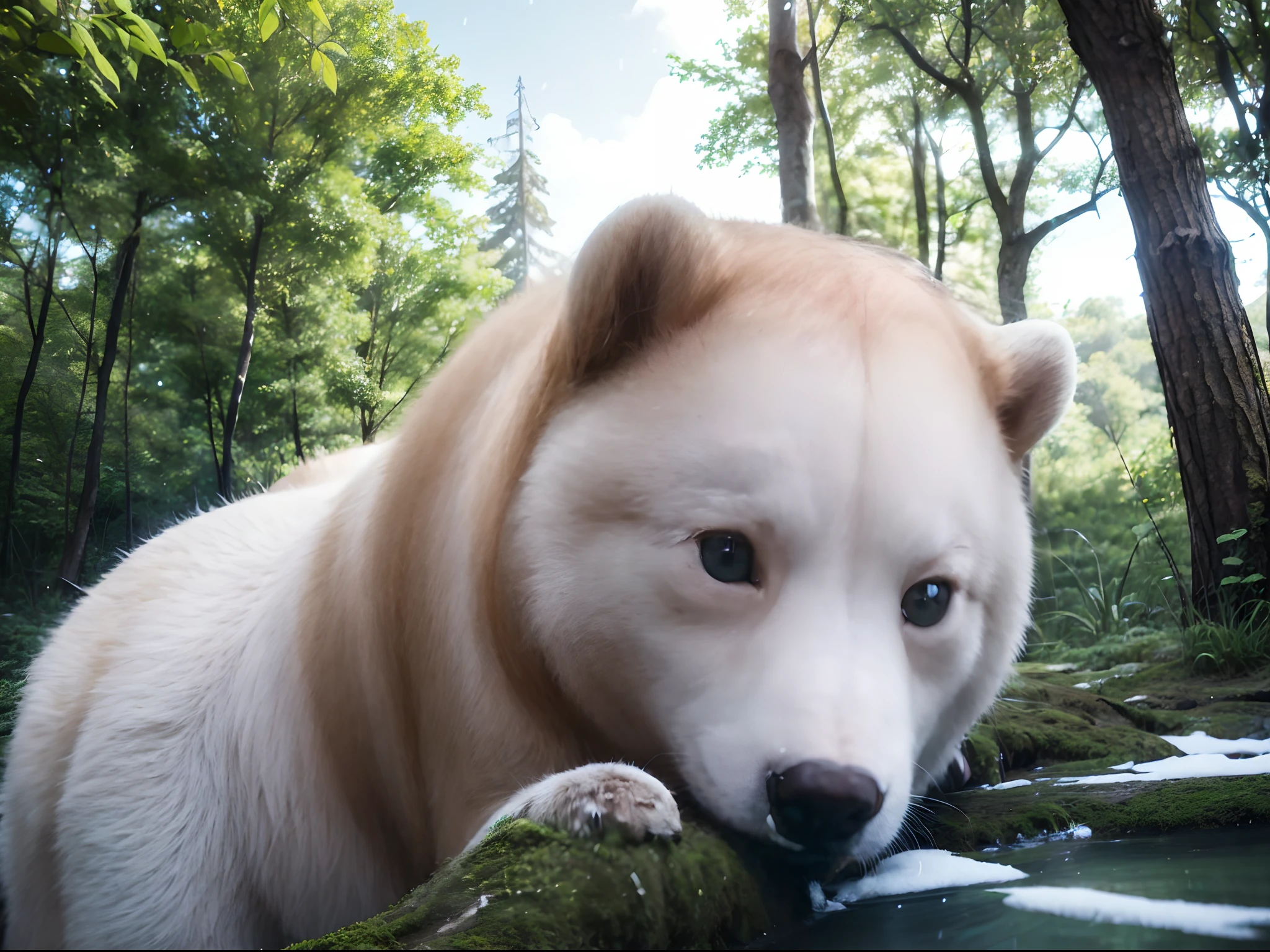 female students and the white bear are falling asleep in the forest, sharp focus, 8k, perfect composition, trending on art station, award-winning photograph, cinematic smooth, intricate detail, highly detailed, from below, splash, fractal art, god ray, rainbow, snow,
