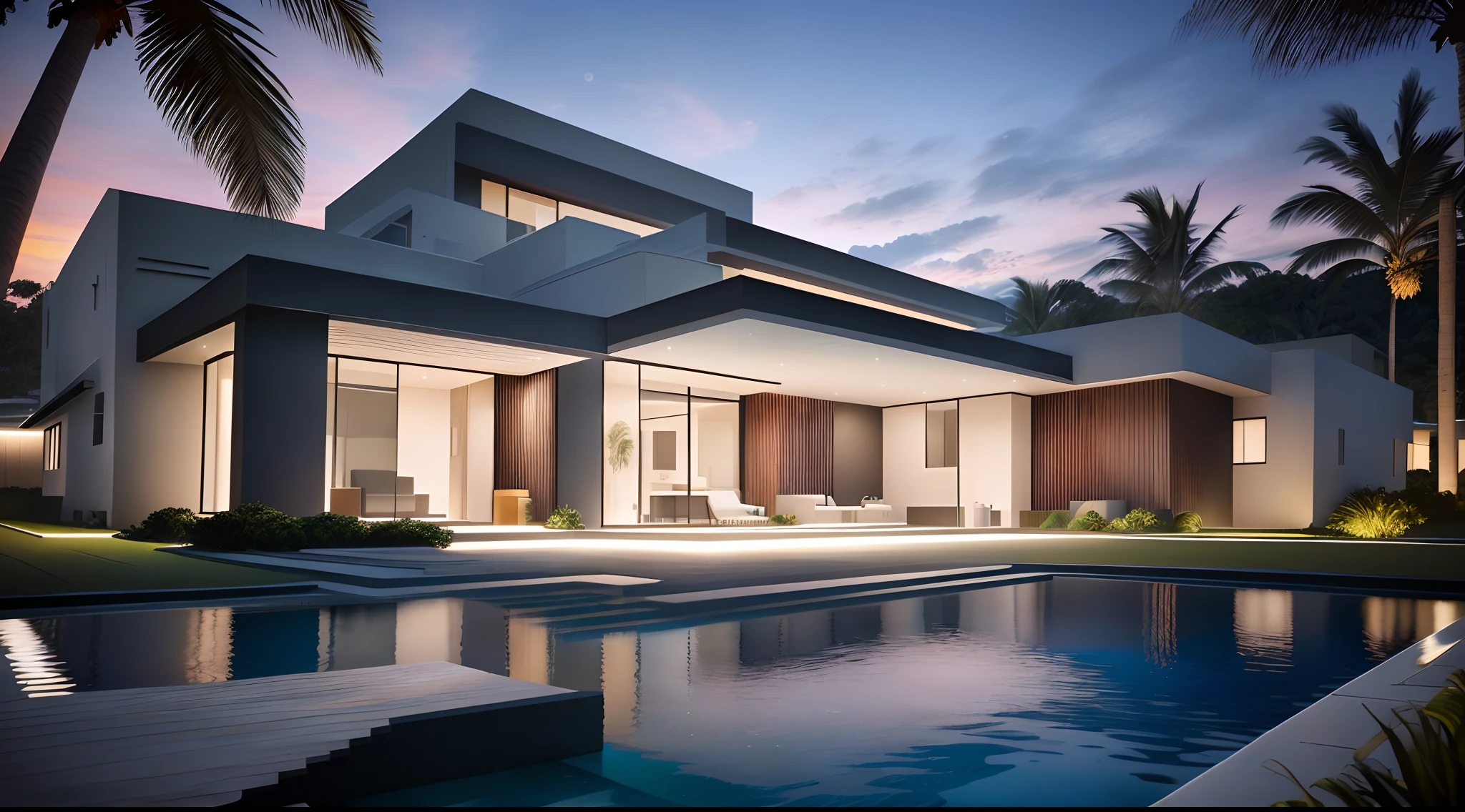 arafed modern house with pool and palm trees at dusk, large modern residence, contemporary house, high quality rendering, ultra modern, modern house, precise architectural rendering, architectural rendering, luxcore render, award-winning render, rendering, a photorealistic rendering, concept house, architectural visualization, 3d rendering, 3 d rendering, stunning render, modern setting
