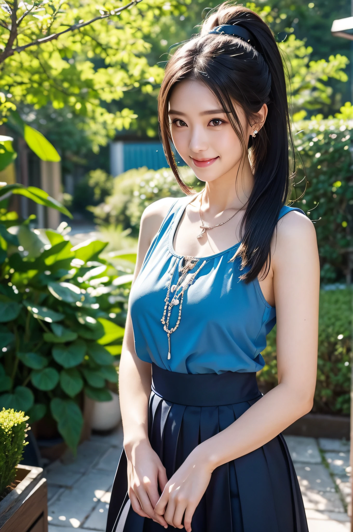 woman posing for a photo, Laugh, Happy, Long hair, Straight hair, finely detailed skin, during the day, Hot summer days, Nature lighting, Detailed face:1.2, Sharp Focus, Hasselblad photo, masutepiece, Light makeup, Cinematic lighting, 4K, Best Quality、Ponytail with black hair, hair adornments, a necklace, jewely, a 25yo woman、Blue Offe Shoulder、Blue Pleated Skirt Mini、