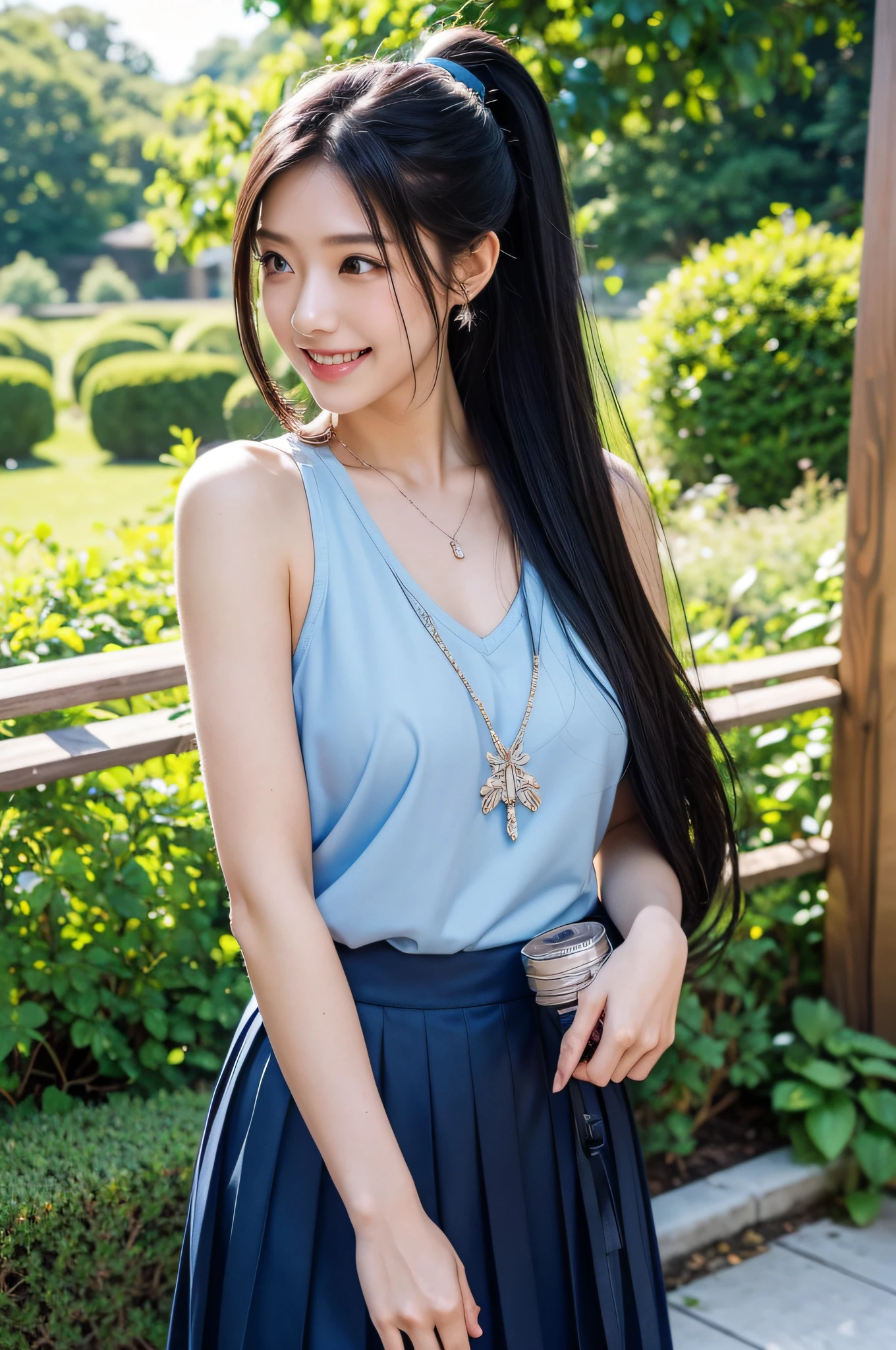 woman posing for a photo, Laugh, Happy, Long hair, Straight hair, finely detailed skin, during the day, Hot summer days, Nature lighting, Detailed face:1.2, Sharp Focus, Hasselblad photo, masutepiece, Light makeup, Cinematic lighting, 4K, Best Quality、Ponytail with black hair, hair adornments, a necklace, jewely, a 25yo woman、Blue Offe Shoulder、Blue Pleated Skirt Mini、