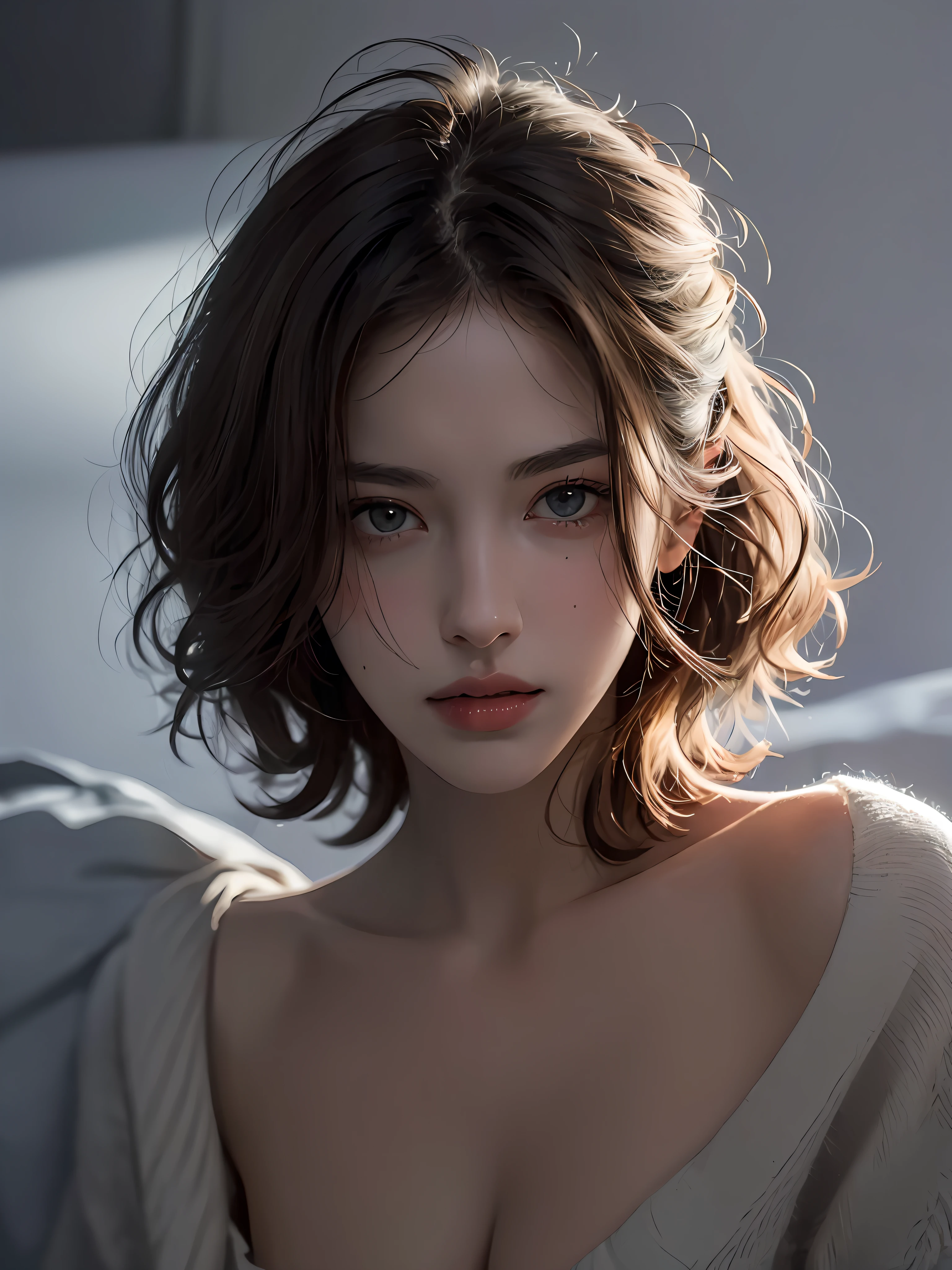 Best quality, masterpiece, ultra high res, (photorealistic:1.5), raw photo, 1girl, offshoulder, in the dark, deep shadow, low key, cold light, sexy look, short hair
