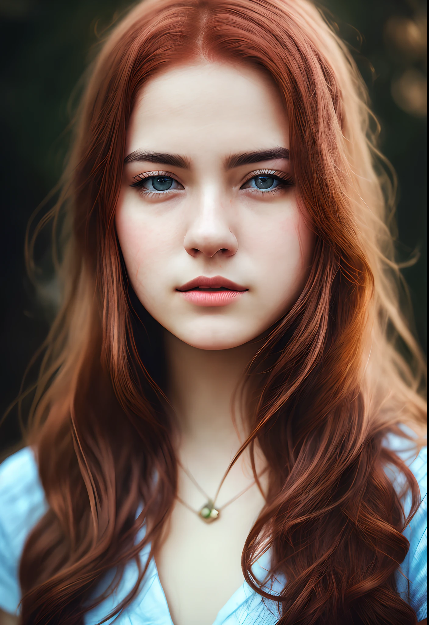 Photo HD, Best quality, hyper-realistic, Realistic cinematographic photo, A 20-year-old female innocent girl is extraordinarily handsome with intense red hair, (8k, Epic composition, Fotorrealista, mise au point nette), Context developed, DSLR, intricate high detail, Rule of Thirds, Biologia encart, selfie