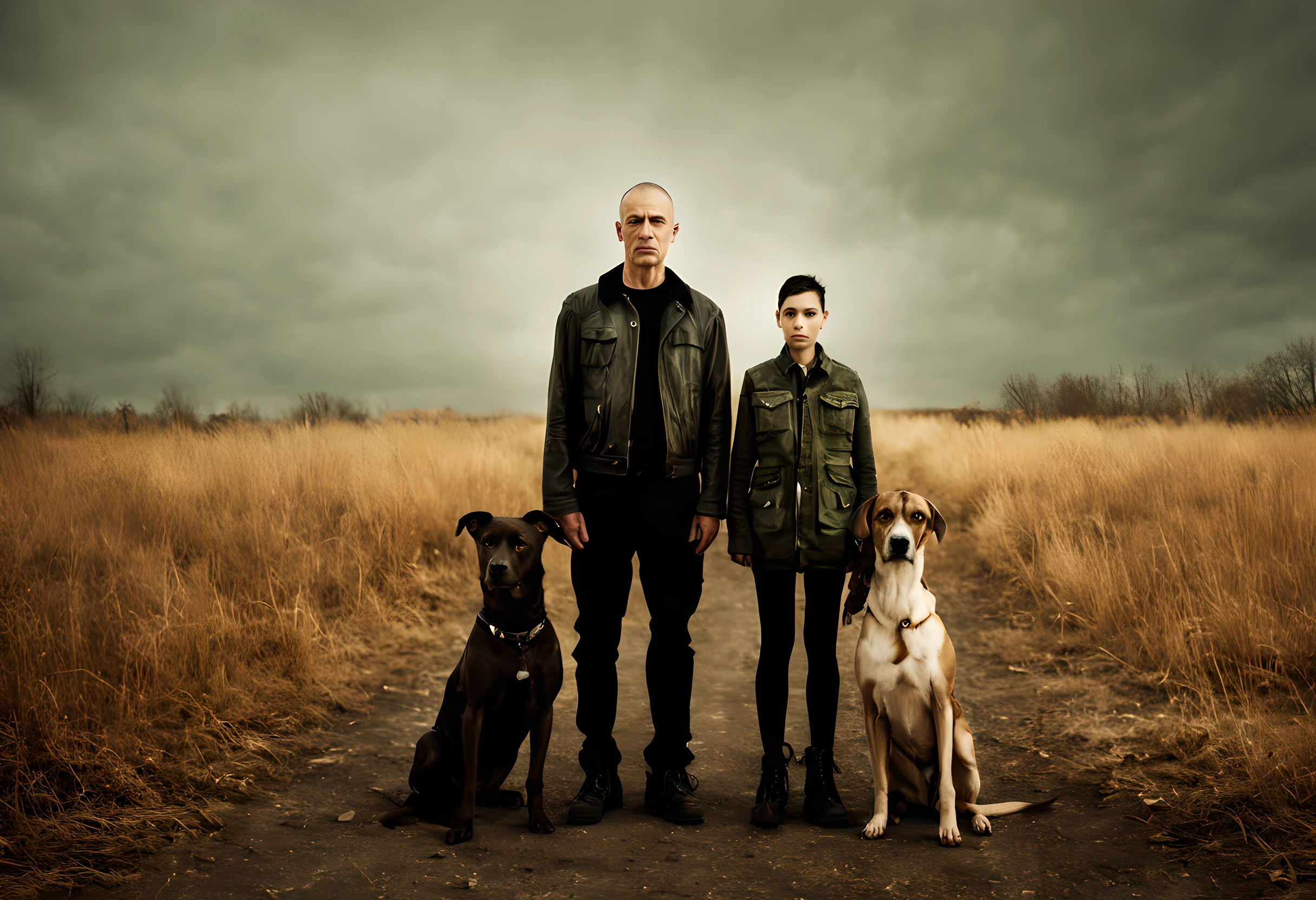 ((warped distortions, conceptual photography, individuals and abstract forms in tandem)), a family of sexy skinheads homeless standing with a dog, ((Todd Hido style)), stark minimalism, backlit lighting, warm color tones, pointofview, futurism, mixed media, sharp details, shot on Hasselblad H6D400c with prime lens, rhythm, harmony, symmetry, saturation, sharpness, timelapse, HDR photography, Masterpiece, good composition, best quality, 8K, high res, ultra-detailed, cinematic look