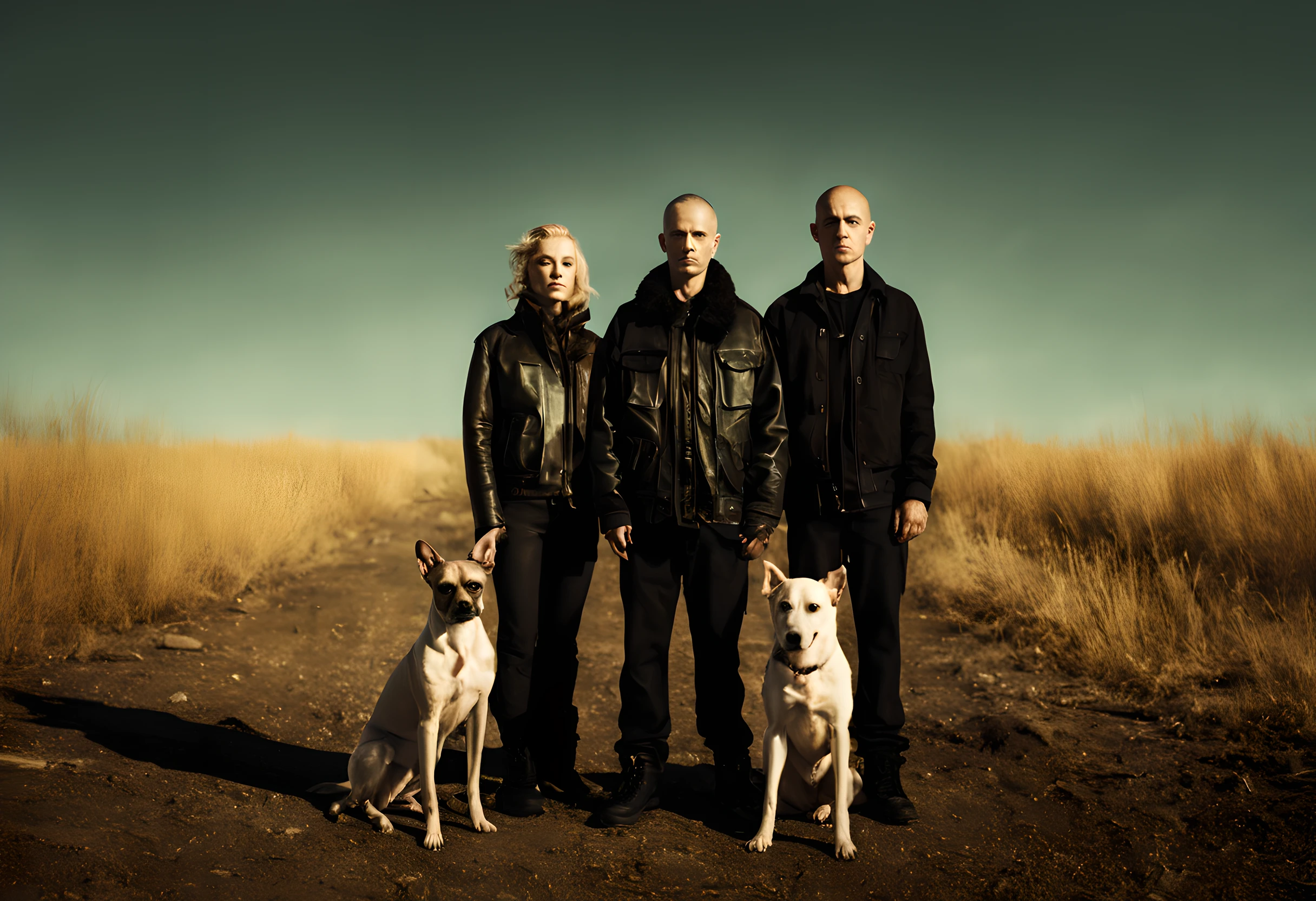((warped distortions, conceptual photography, individuals and abstract forms in tandem)), a family of sexy skinheads homeless standing with a dog, ((Todd Hido style)), stark minimalism, backlit lighting, warm color tones, pointofview, futurism, mixed media, sharp details, shot on Hasselblad H6D400c with prime lens, rhythm, harmony, symmetry, saturation, sharpness, timelapse, HDR photography, Masterpiece, good composition, best quality, 8K, high res, ultra-detailed, cinematic look