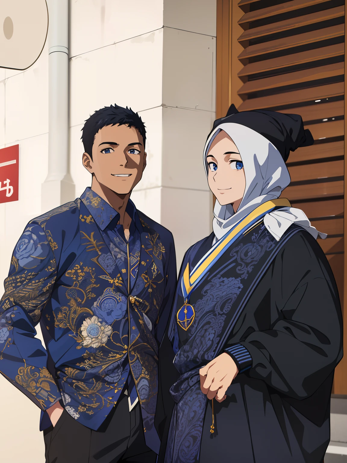 masterpiece, best quality, high quality, 1boy, solo, male focus, looking at viewer, upper body, sugino_tomohito, blue eyes, black hair, school uniform, hijab, blue shirt, white hijab, beauty, smile, looking a camera