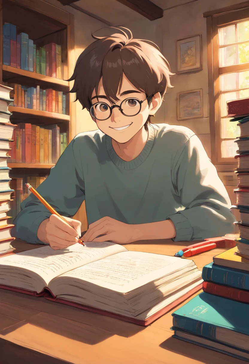 smiling boy in glasses sitting at a desk with books and pencils, wearing medium - sized glasses, student, happy ???, small and sharp pupils, wearing reading glasses, a super-smart, young commoner, slight nerdy smile, thick - rimmed glasses, jewish young man with glasses, interesting background, photo portrait, subject is smiling, wearing small round glasses