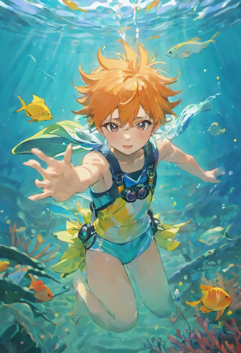 a young boy,diving,swimming equipment),ocean,beautiful fishes,(best quality,4k,highres,masterpiece:1.2),ultra-detailed,(realistic,photorealistic:1.37),underwater,scuba diving,clear water,coral reef,colorful,fish,(bright colors,vibrant colors),sunlight,seabed,adventure,exploration,wildlife,discovery,joy,curiosity,amazing,summer vacation