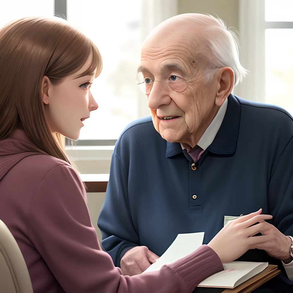 A photo of a female college student talking to an elderly man,Realiy,Real Human