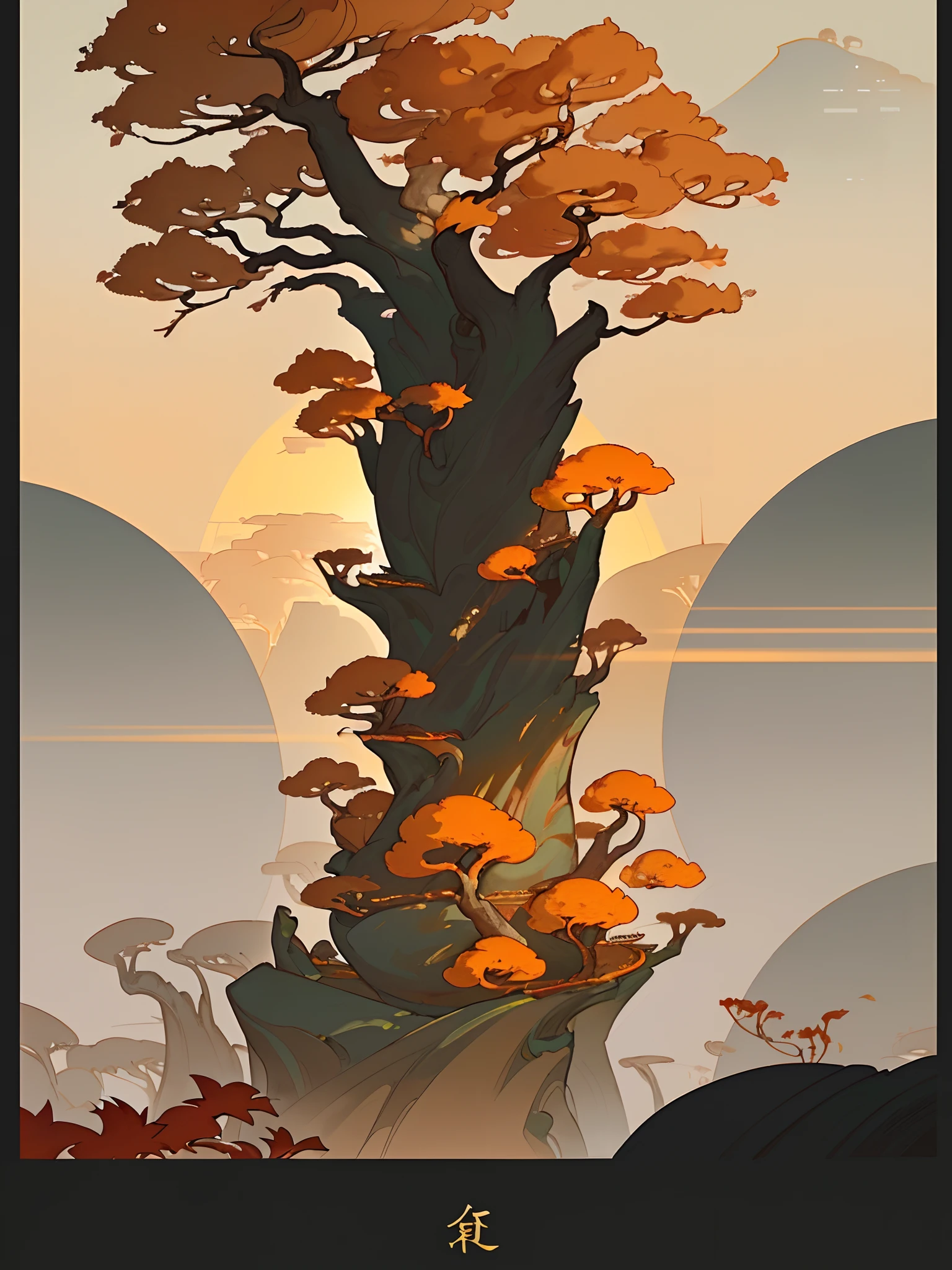 (Chinese landscape), (Zen, Amy Sol style), (Autumn, autumn leaves, fallen leaves, sunset, architecture), cover art with light abstraction, abstract, simple vector art, contemporary Chinese art, color gradients, soft color palettes, layered forms, whimsical animation, style Ethereal abstract, 4K, --v6