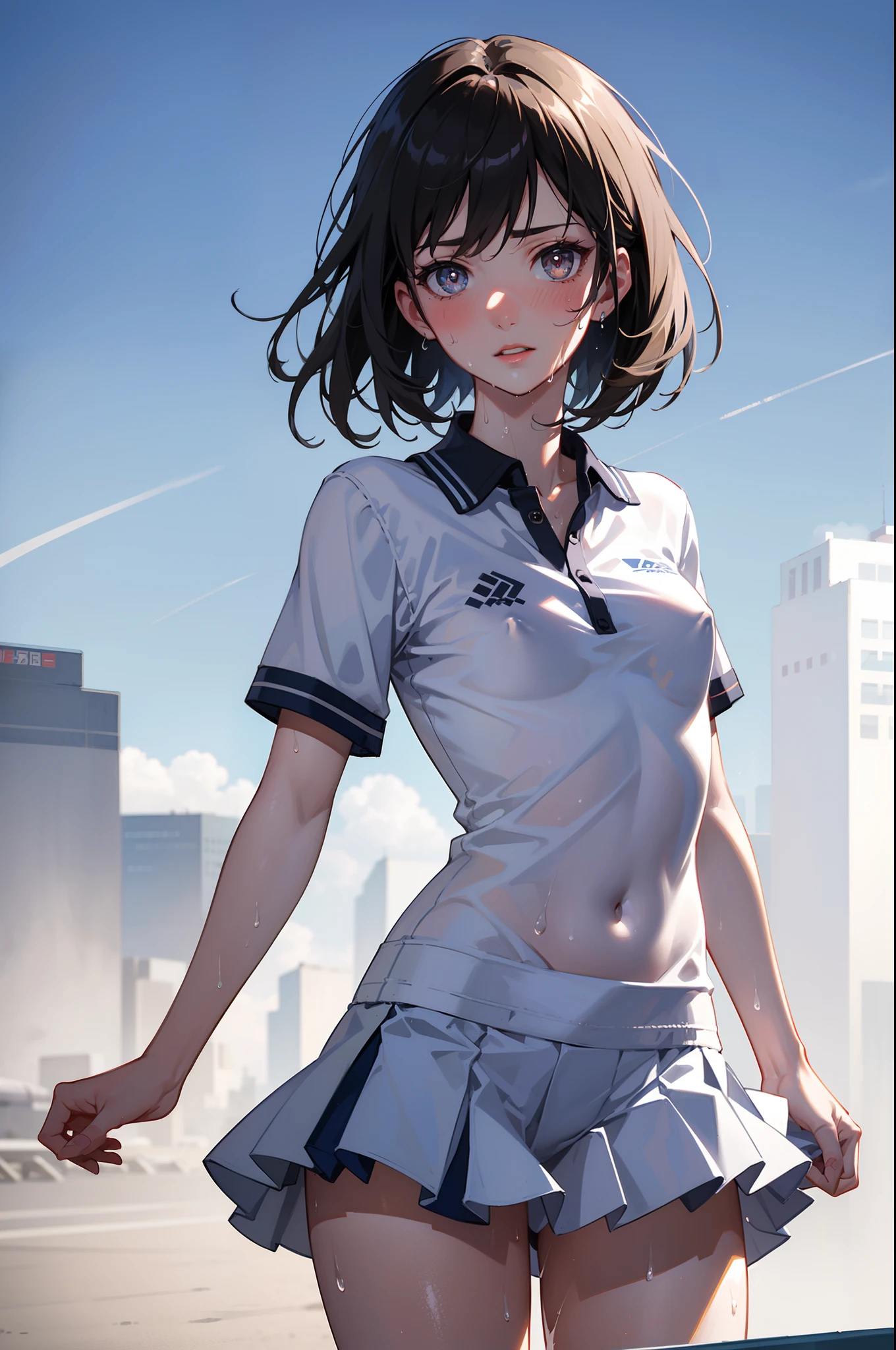 1girl, solo, white polo shirt, white sneakers, tennis wear, white miniskirt, masterpiece, best quality, realistic, hyper-detailed, (shiny skin, sweaty:1.4), absurd, looking at viewer, short black hair, brown eyes, slender, dynamic lighting, high resolution, sharp focus, depth of field, detailed eyes, sharp pupils, realistic pupils, (small breasts:1.6), (thick thighs:1.0), outdoor, sky