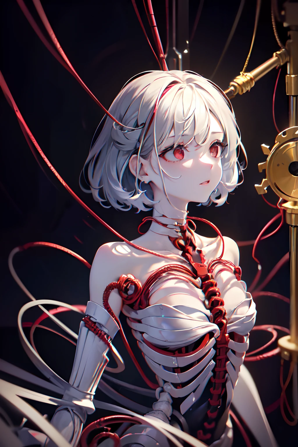 extremely delicate and beautiful girls, Show from the hips to the shoulders, from_above, flat chest, (very short hair), big forhead, grey hair, no facial features, (emotionless eyes:1.3), parted_lips, red eyes, white skin, black_gloves, (Full body bandaged), (mechanical prosthetic arm and leg), skindentation, black Clothes, (Blood vessels connected to tubes), (Mechanical vertebrae attached to the back), (Mechanical cervical vertebrae attached to the neck), (sitting), Expressionless, (wires and cables attached to the head and body:1.5), professional lighting, best quality, masterpiece, ultra detailed, captures a super cute moment, depth of field, ultra high resolution, fine details, 16k wallpaper,