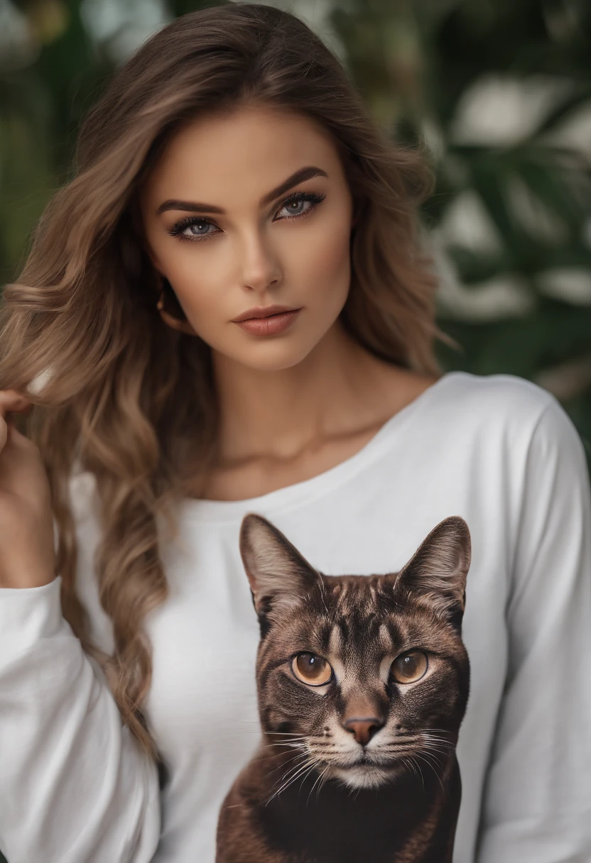 Allard woman completely , Sexy girl with brown eyes, Ultra photo realsisim, detailed meticulous, portrait sophie mudd, brown hair and large eyes, selfie of a young woman, Dubai Eye, Violet Myers, nomake-up, Natural makeup, look straight at the camera, Medium to large bust,Wears a white crewneck T-shirt,The T-shirt is printed with a cat motif