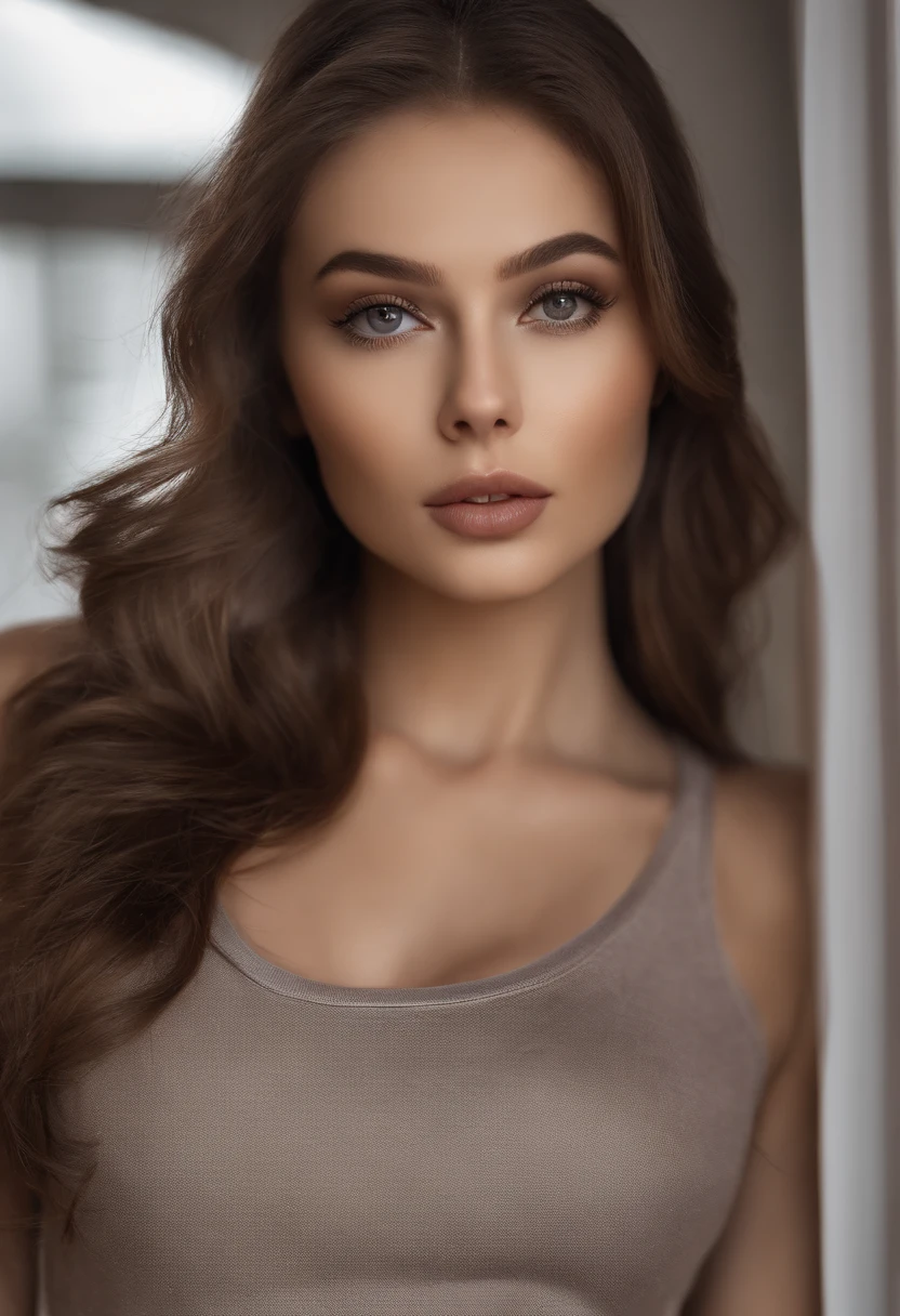Allard woman completely , Sexy girl with brown eyes, Ultra photo realsisim, detailed meticulous, portrait sophie mudd, brown hair and large eyes, selfie of a young woman, Dubai Eye, Violet Myers, nomake-up, Natural makeup, look straight at the camera, Medium to large bust,Wearing a white crewneck T-shirt,The T-shirt is printed with a cat motif,Half-body or full-body photo