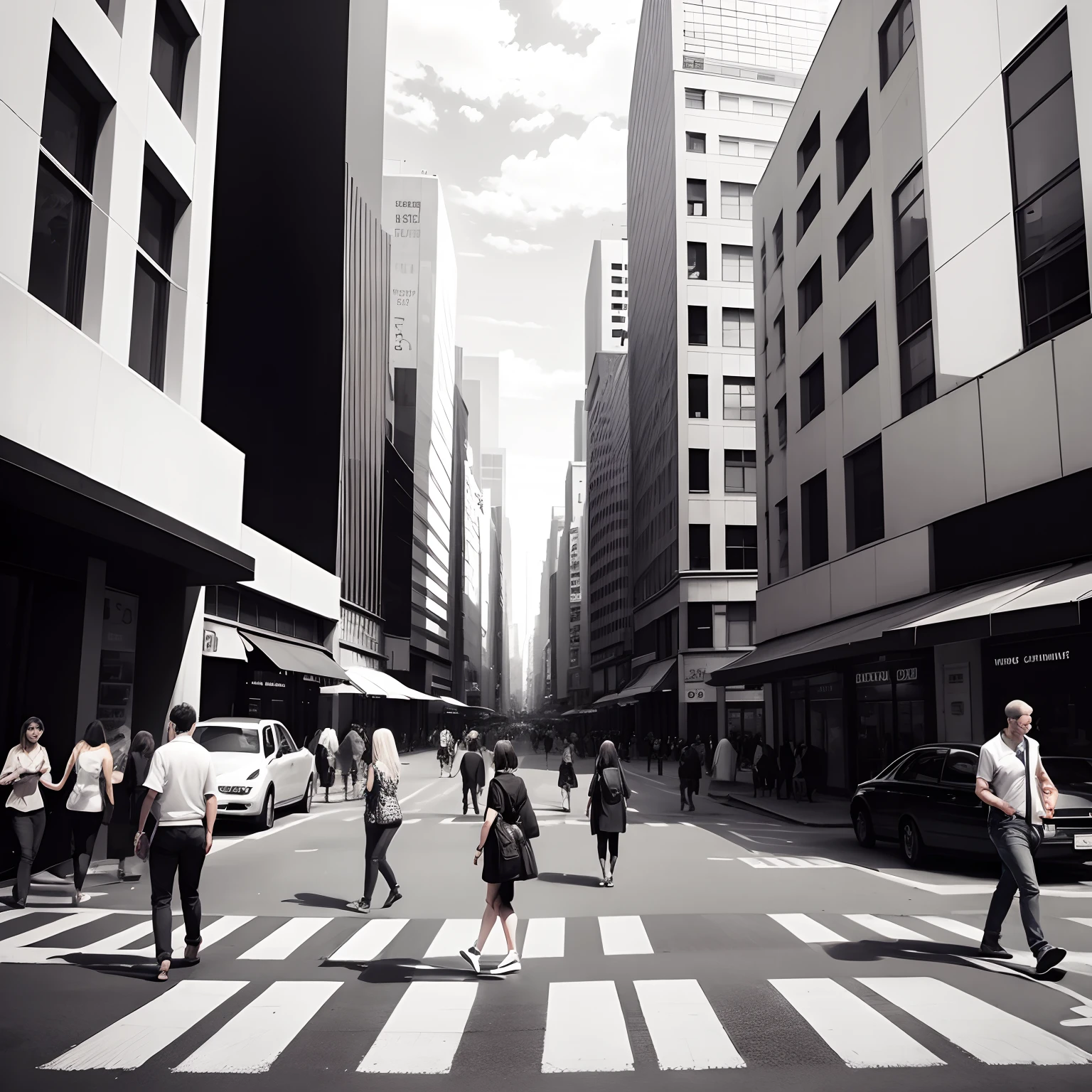 City street with some people walking on the sidewalk, in the middle of the city, Paulista Avenue, view of the streets, empty metropolitan street, street perspective, in the middle of the street, empty streets, downtown, city streets, downtown, in the city, empty streets, Sao Paulo, city streets.manga panel,manga style painting,white tones,gray,black