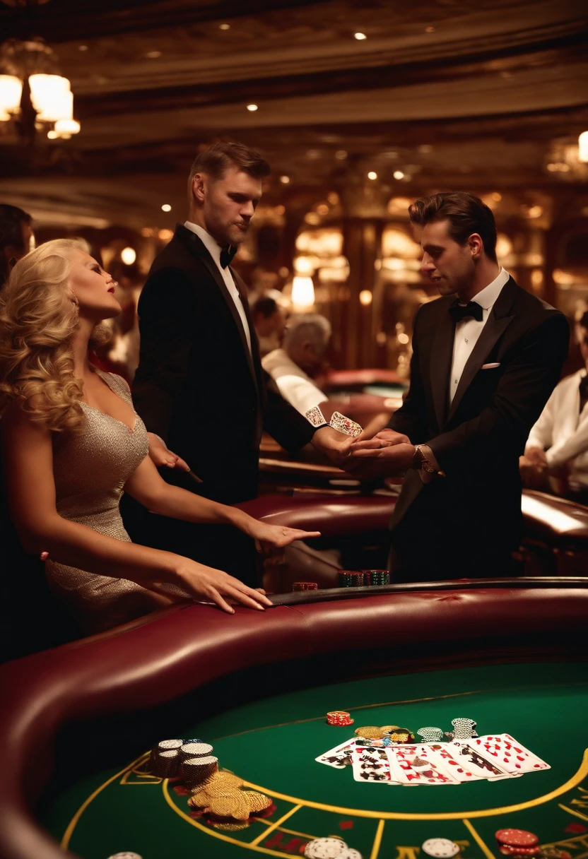 a game of blackjack, intense casino atmosphere, dimly lit casino floor, dealers in tuxedos, players at the table, stacks of chips, tension and excitement in the air, smoke-filled room, cards being shuffled, card counting strategy, the sound of chips being placed on the table, professional poker faces, sleek and elegant playing cards, winning hands and disappointed faces, strategic decisions and quick calculations, money changing hands, suspenseful moments, a lucky charm, high stakes gambling environment, vivid colors, dramatic lighting