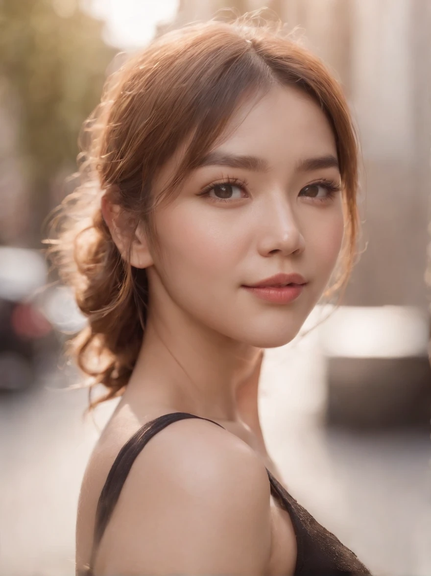 (8k, raw photo), Chubby Body , Curvy Body , film grain, ultra high res, ultra-detailed, (ultra skin details),incredibly absurdres, strong rim light,Asian, slim girl, seductive smile, stare, small breasts, tattoo, braided hair, blonde hair, ((light brown hair)), (photorealistic:1.3) sunlight,1girl, instagram, outdoors, (black shirt:1.2), (((city))),(extremely detailed face), (bangs),bare body