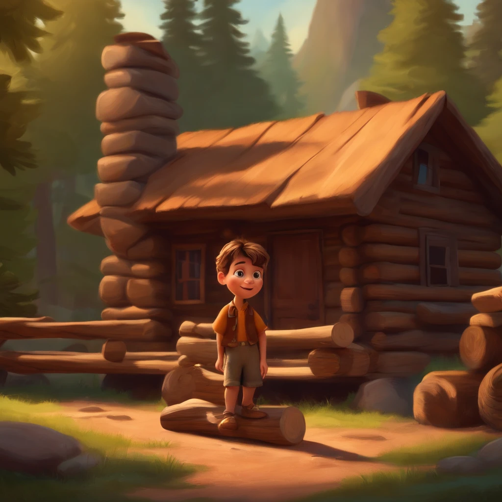 character of a young boy playing by a log cabin, Didney Pixar Style
