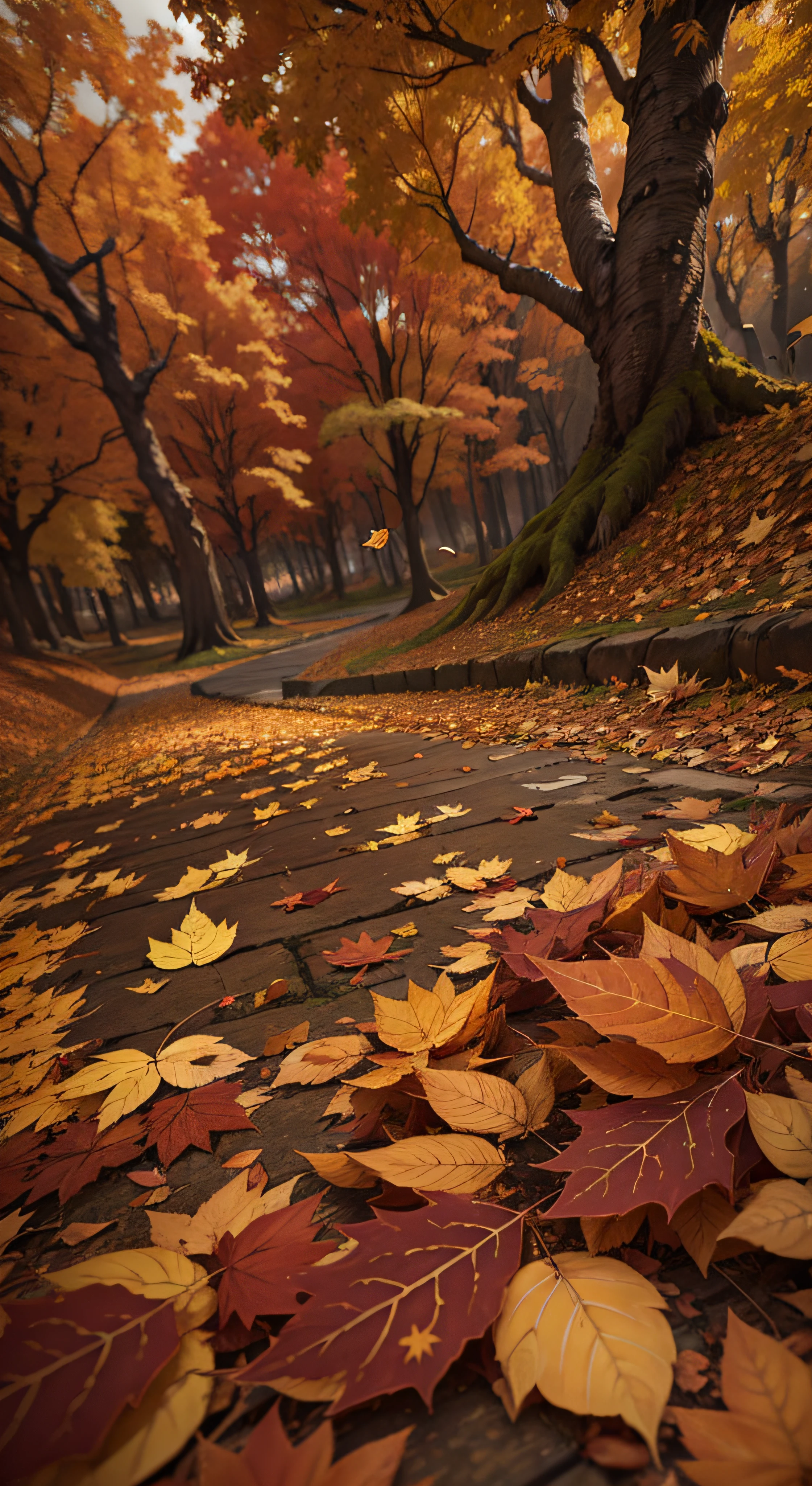 Fantasy autumn with brown fallen leaves, Cinematic, Highly detailed, HD