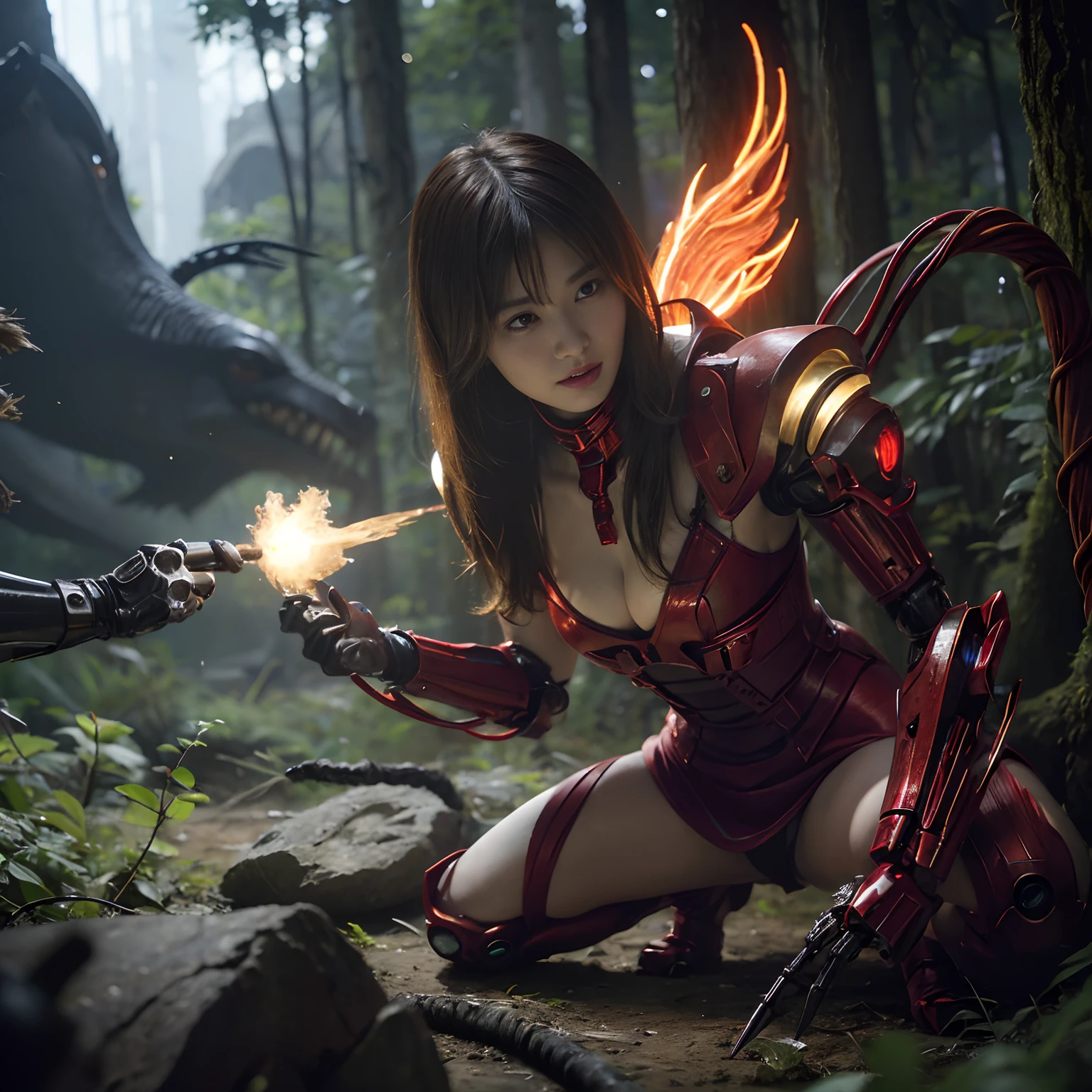 (1 Mechanical Girl)、top-quality、masterpiece、超A high resolution、(Photorealsitic:1.4)、Raw photo、女の子1人、Fight mutants、glowy skin、(((1 Mechanical Girl)))、With a beautiful knife、(Yellow Metal Bodysuit)、(Kobold、ogre、Fierce battle with orcs),(Fight fiercely against aliens)、Fight fiercely、(beautiful forest background)、(Fighting Demonic Beasts)、(Small LED)、((super realistic details))、portlate、(Strong giant demon beast background),globalillumination、Shadow、octan render、8K、ultrasharp、Colossal tits、Raw skin is exposed in cleavage、metals、Details of complex ornaments、Japan details、highly intricate detail、Realistic light、(Mystical expression),CGSoation Trends、Red Eyes、radiant eyes、Facing the camera、neon details、(Mechanical limbs)、(blood vessels connected to tubes)、Mechanical vertebrae attached to the back、mechanical cervical attaching to neck、(Wires and cables connecting to the head)、Gundam、Small LED、,Mechanical thighs、Toostock、(Hands are also made of machines)、(Attack of the Monster Beasts)、(Wounded in a deadly battle)、