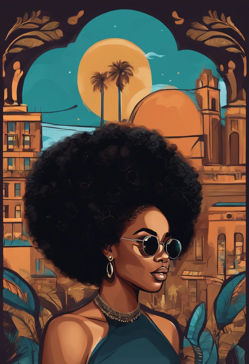 character design image, vector art, of a woman with big afro hair, super cute funky black girl, vector sketch style illustration, adobe illustrator sketch art style, vector sketch art style, in digital illustration style , highly detailed character design, cute detailed digital art, urban girl fanart, portrait character design, beautiful digital illustration, high quality portrait, vector cartoon art, afro, character design portrait, many curious people around, background with people looking, curious people background