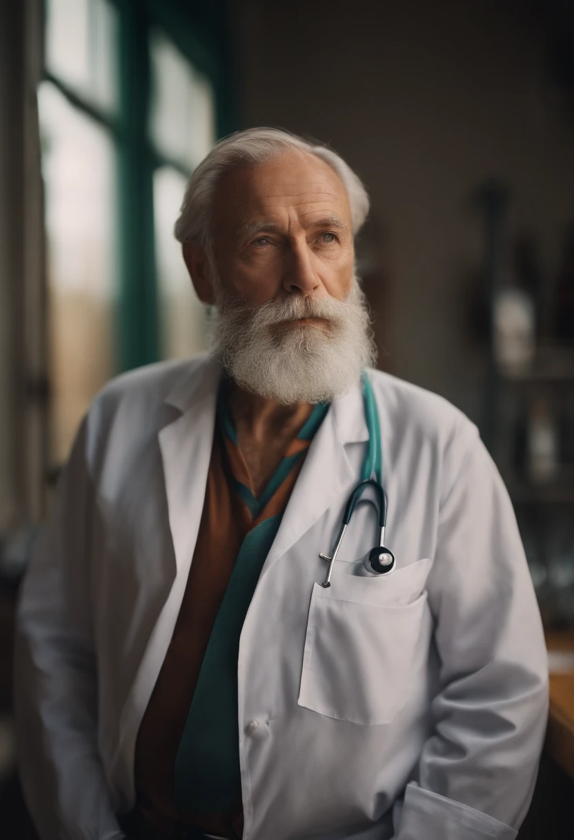 Une photo d'un scientifique en blouse avec un fond de laboratoire, This man is elderly and has a beard