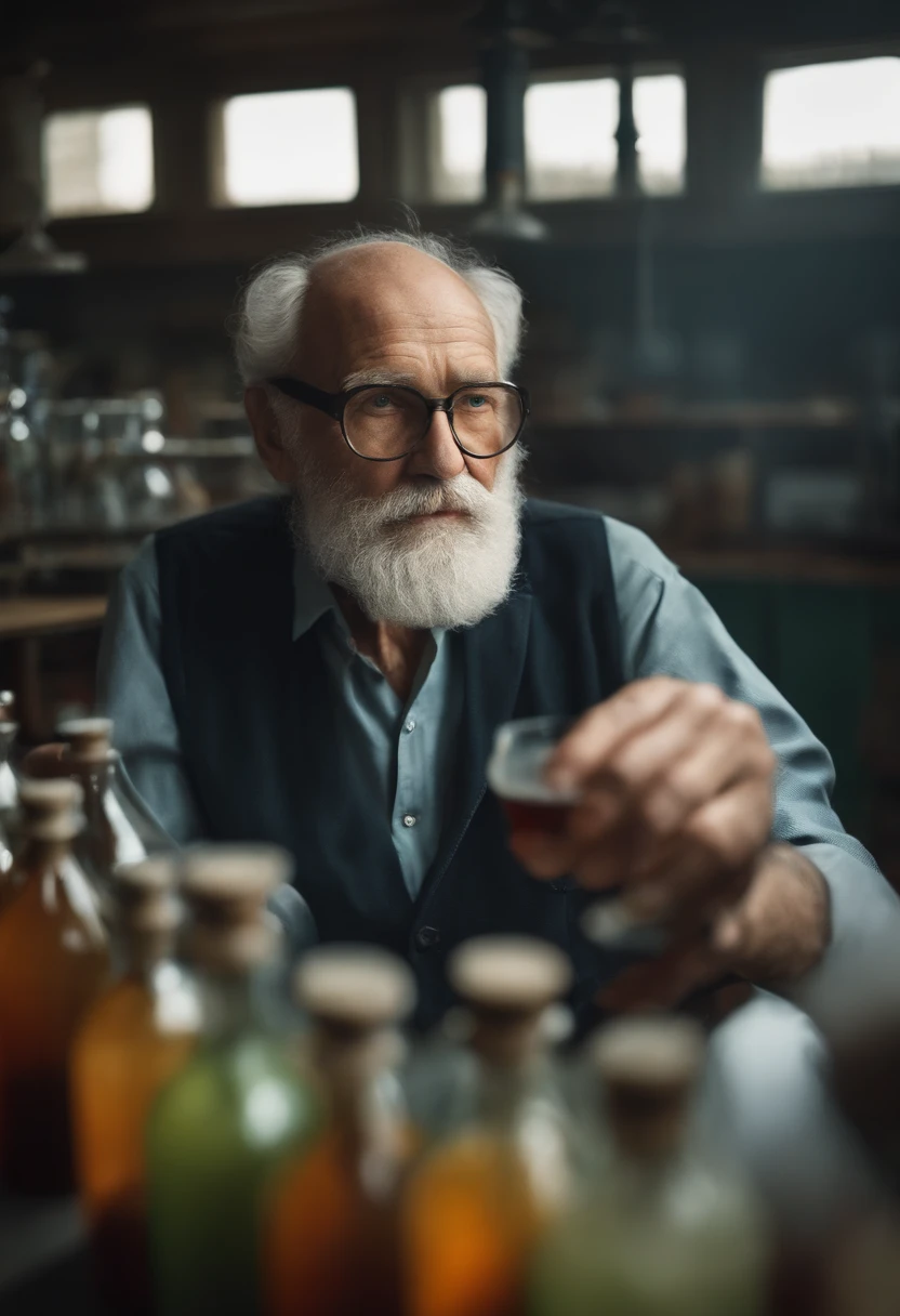Une photo d'un scientifique en blouse avec un fond de laboratoire, This man is elderly and has a beard