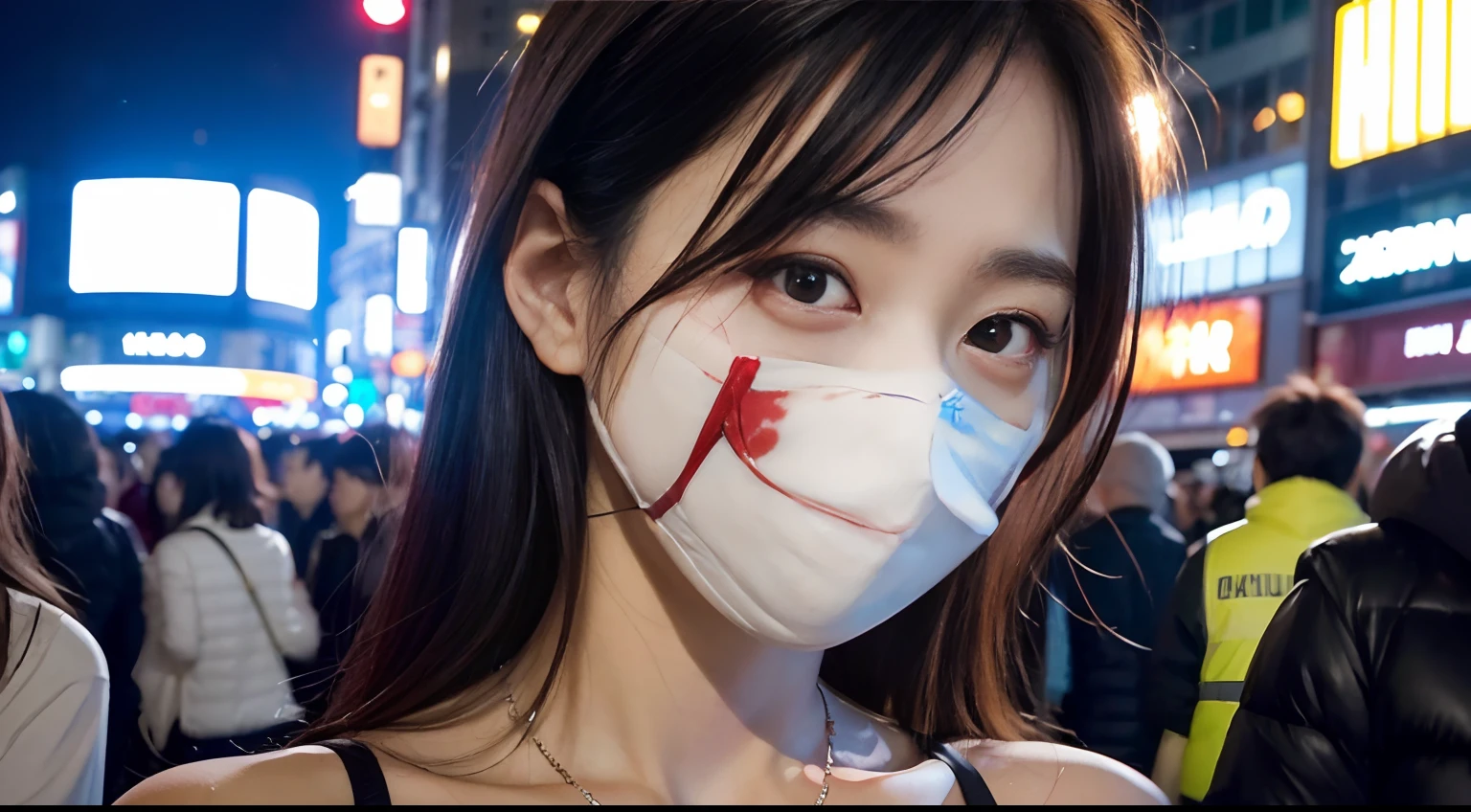 ((top-quality、8K、masterpiece:1.3))、Photorealsitic, foco nítido, high-level image quality, hight resolution, Portrait, Solo, japanes, Beautie, Woman with blood on her face, Spicy face, Tattered costume, 20 Age, (a small face:1.3), Smaller chest, In the city of Halloween, Shibuya,Shibuya Scramble Crossing, natta, neons,
