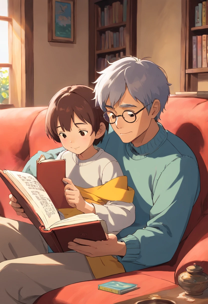 araffe man reading a book to a on a couch, father with childding new book, reading a book, pexels, caring fatherly wide forehead, instagram post, picture book, with a kid, instagram photo, title, reading the book about love, story telling, photo pinterest, stock image, fatherly, telling stories, ilustration
