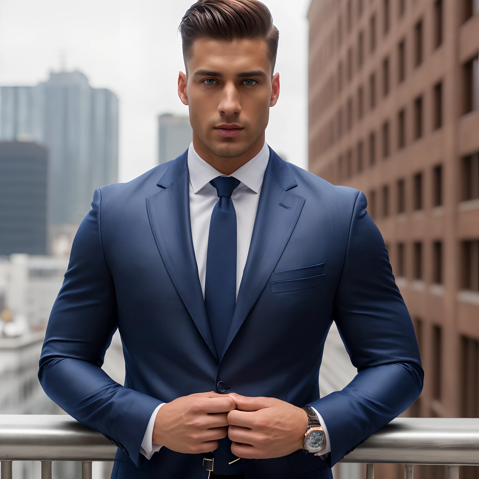 1man tanned with beautiful blue eyes, 25 years old athletic built wearing a blazer, photoshoot of outfit, skin-fade hair, dressed classy, male focus, nsfw, 3D, realistic normal hue, central, tall, burly, highres, slender build, perfect anatomy, skin texture, thick dark short hair, shallow eyebrow, symmetrical eyebrow, dark blue eyes, symmetrical eyes, big straight nose, closed mouth, broad shoulders, soft smile, handsome, from front, looking ahead at viewer, day, masterpiece, best quality, hyper-detailed, intricate detail, professional photography, matte, bright, the most beautiful ever seen, post processing, dreamatic lighting, ambient lighting, epic composition, ultrawide shot, uplight, raytracing reflections, depth of field, rooftop outside background