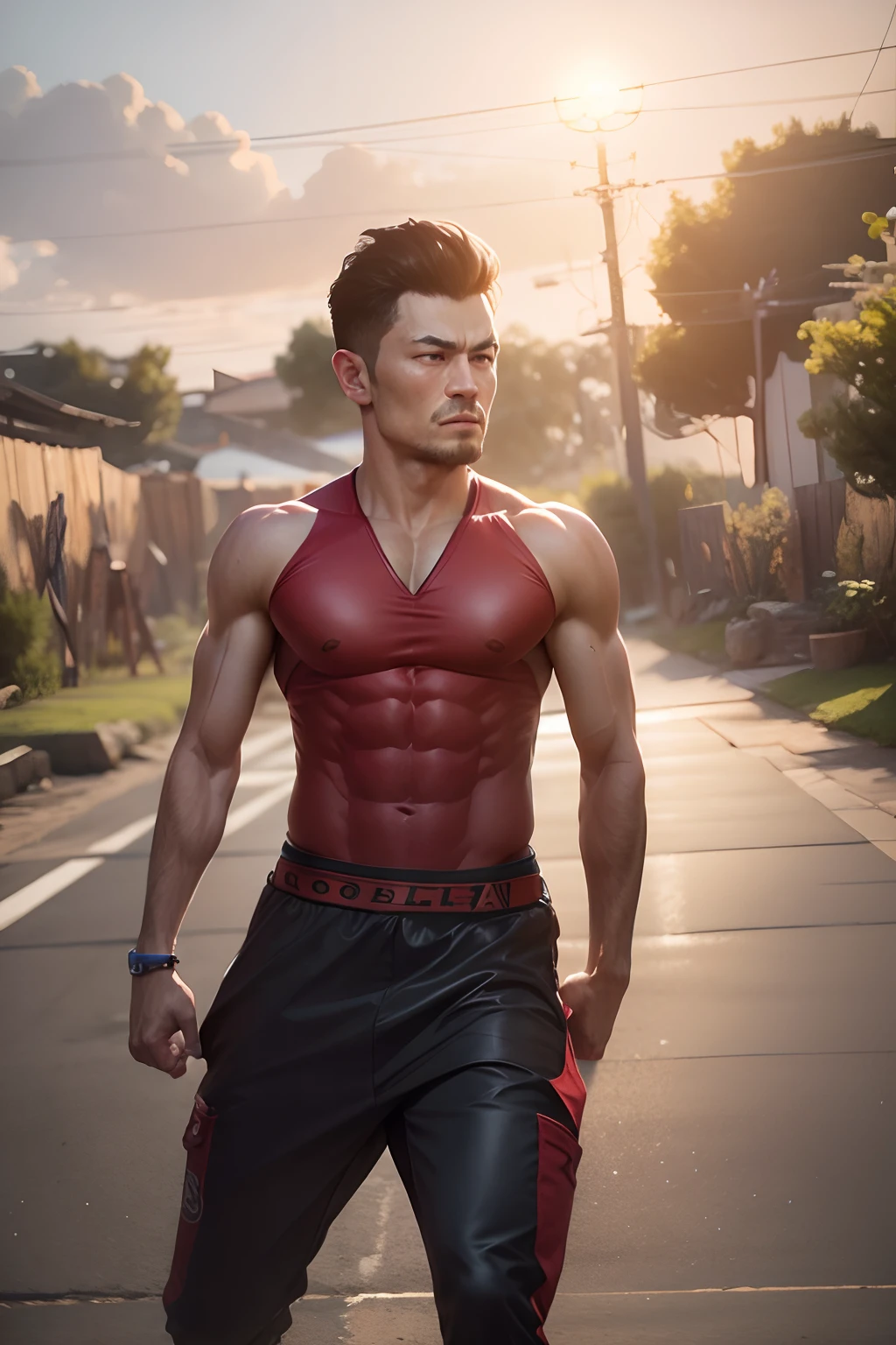 With realistic face.muscular body with fighting background